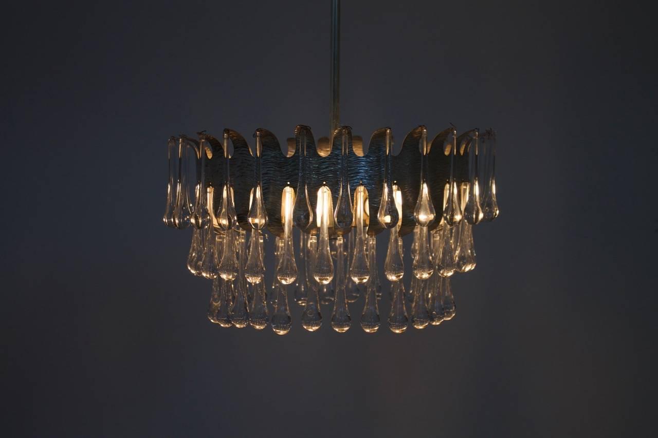 Mid-20th Century Silvered Chandelier with Glass Drops by Palwa, Germany, 1960s For Sale