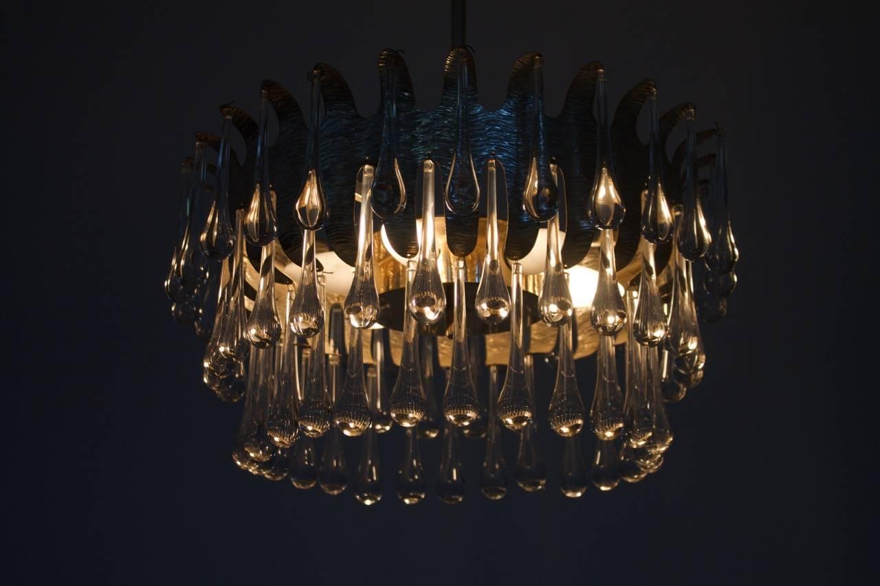 Silvered Chandelier with Glass Drops by Palwa, Germany, 1960s For Sale 1