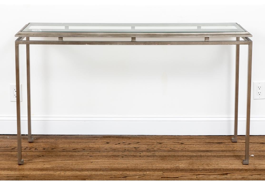 Contemporary Silvered Finish Console Table With Glass Top For Sale