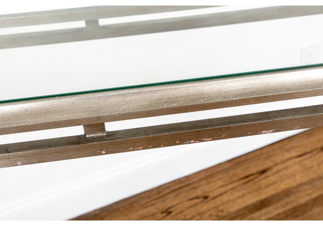 Metal Silvered Finish Console Table With Glass Top For Sale