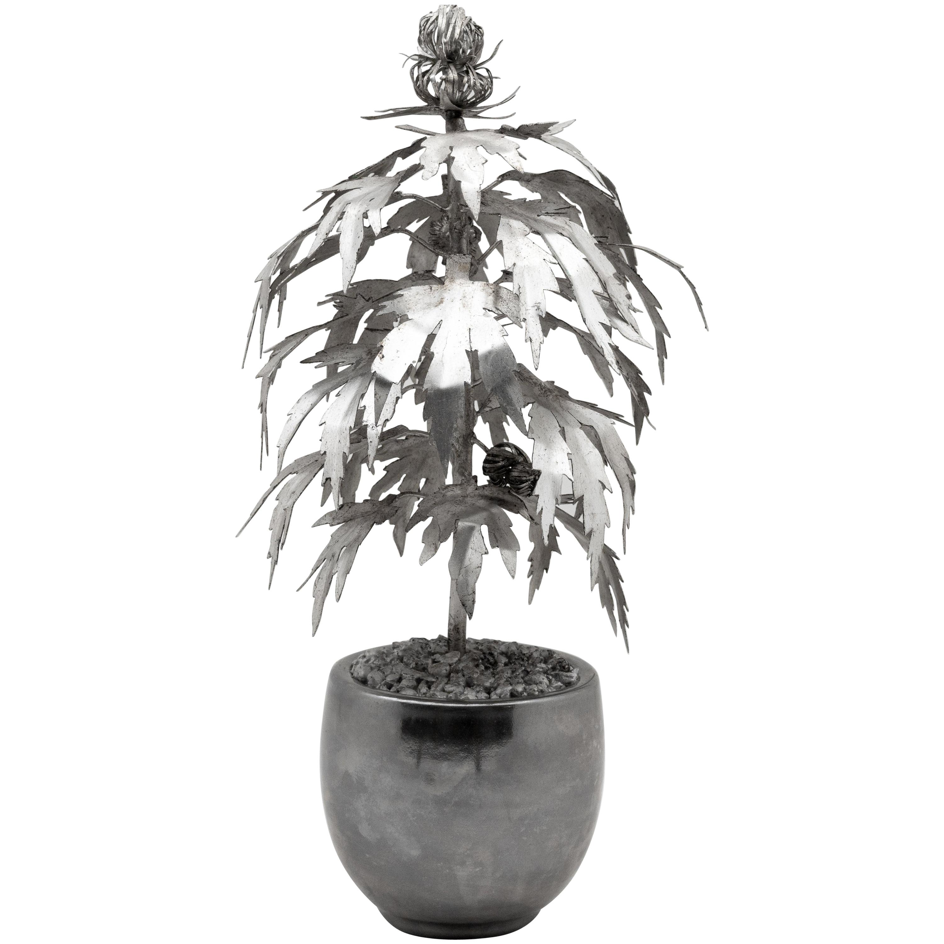 Silvered Gilded Tole Marijuana or Cannabis Potted Plant, Park Avenue Pot Plant