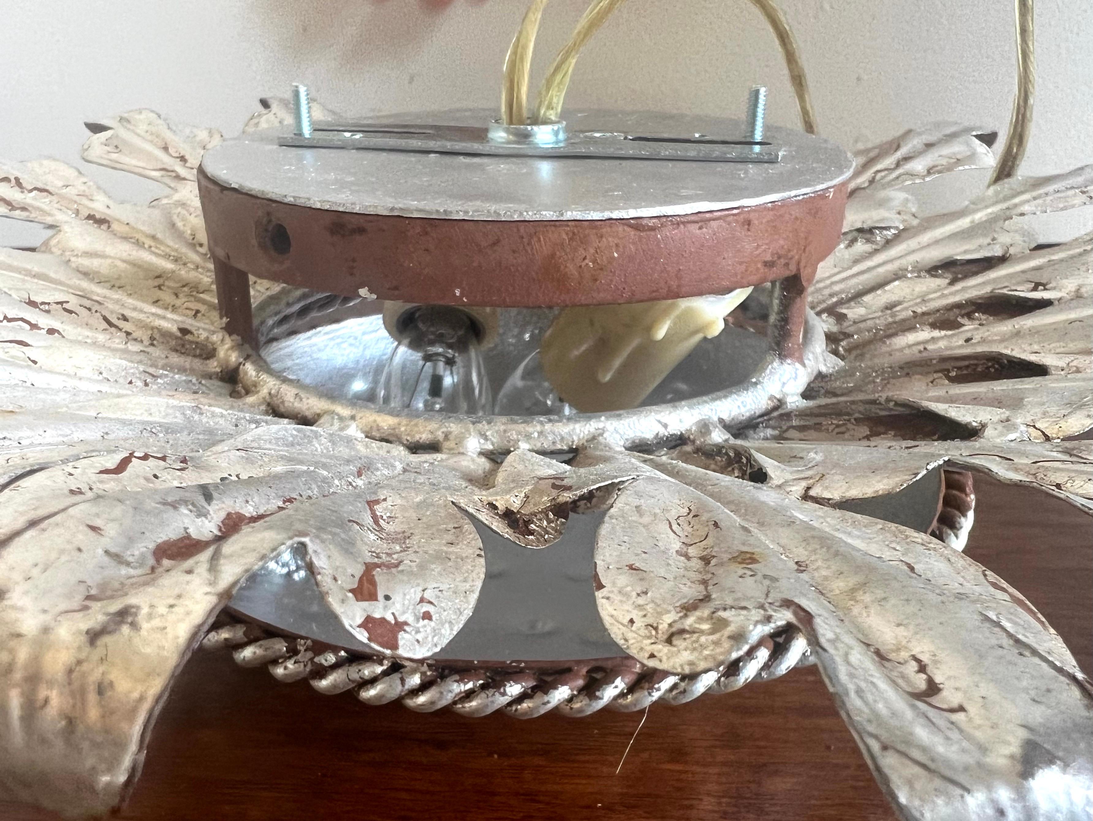 Silvered Gilt Metal Sunburst Flush Mount Fixture by MLA For Sale 4