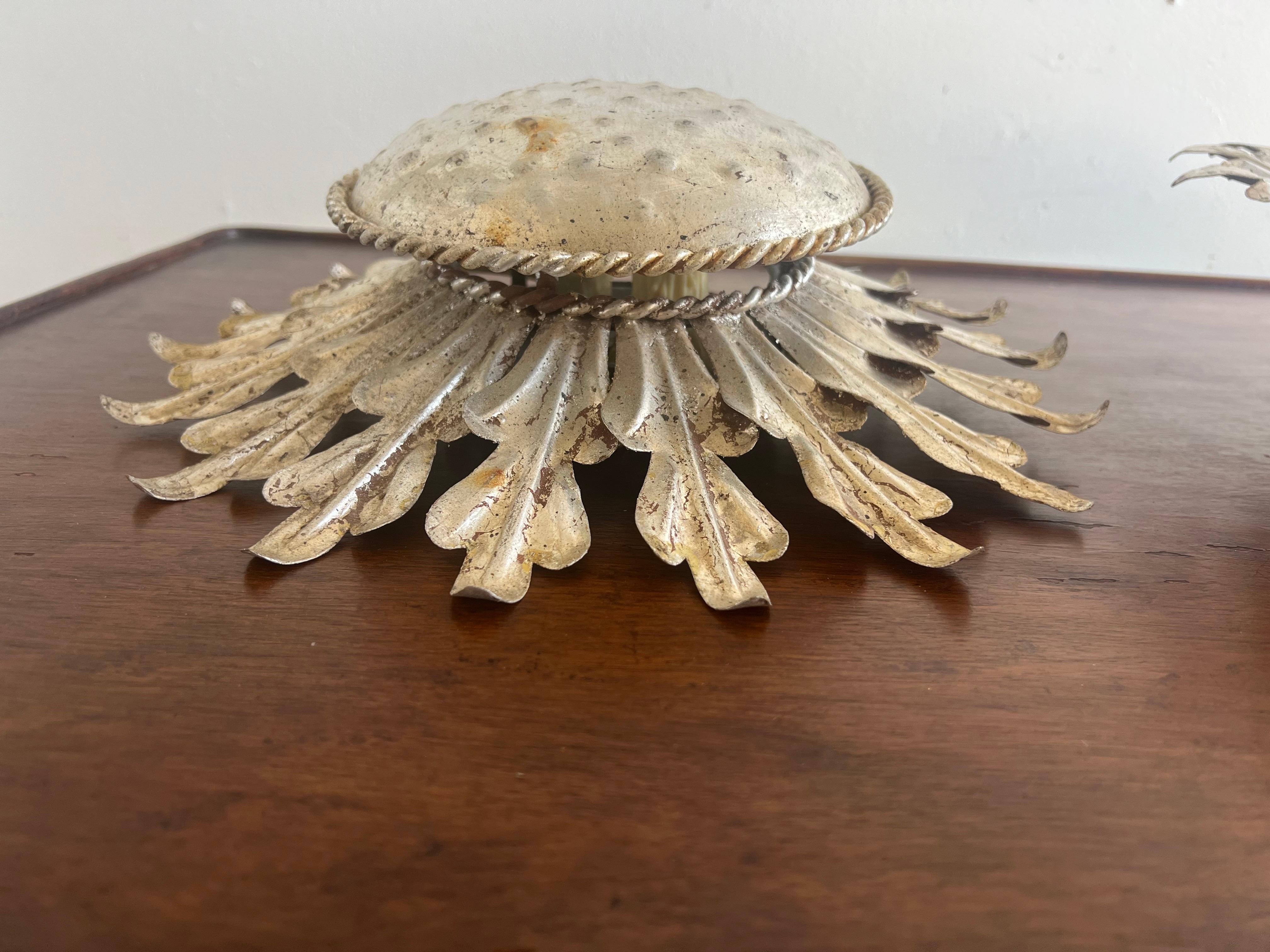 Silvered Gilt Metal Sunburst Flush Mount Fixture by MLA For Sale 5