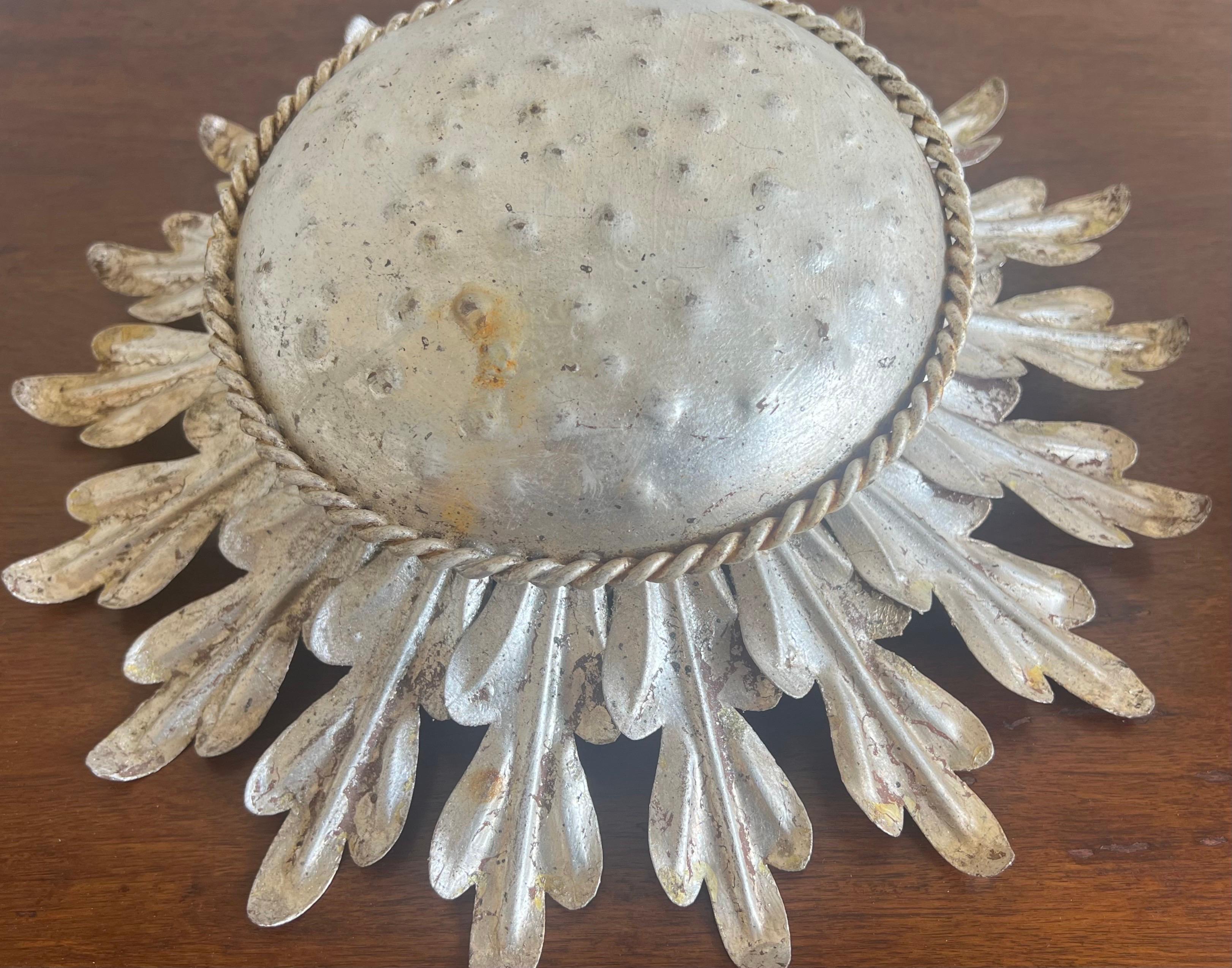 Silvered Gilt Metal Sunburst Flush Mount Fixture by MLA For Sale 6