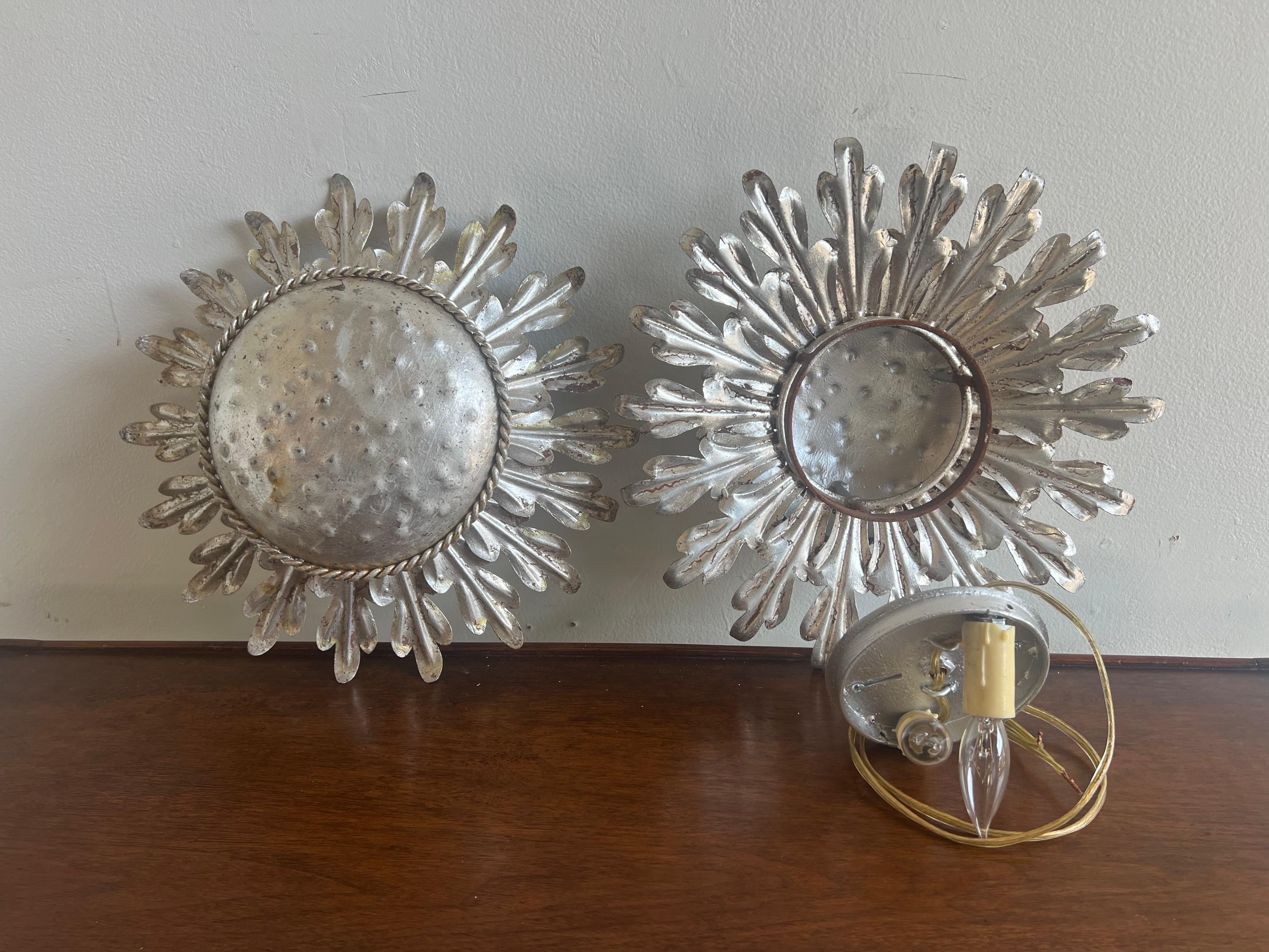 Silvered Gilt Metal Sunburst Flush Mount Fixture by MLA For Sale 7