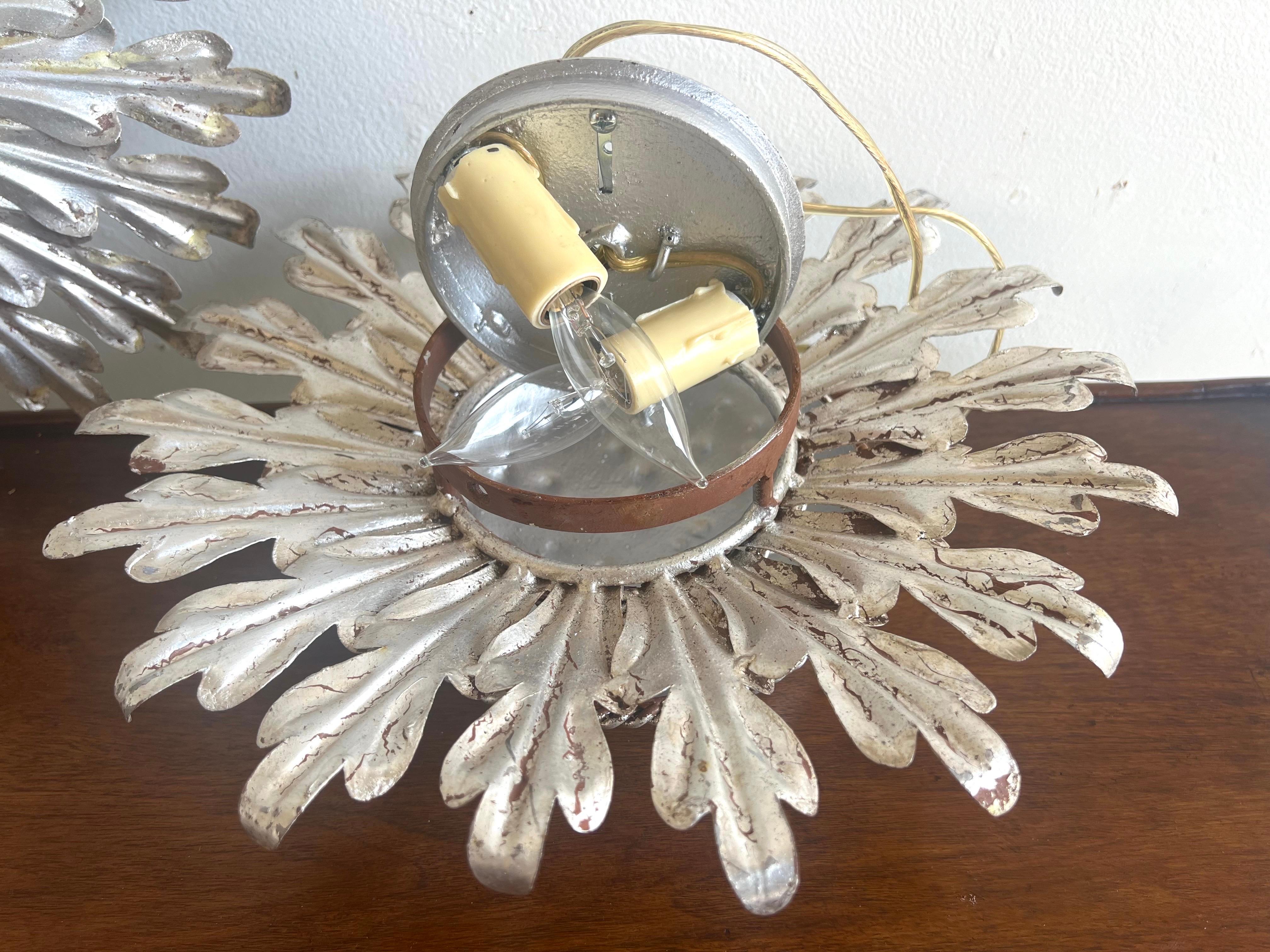 American Silvered Gilt Metal Sunburst Flush Mount Fixture by MLA For Sale