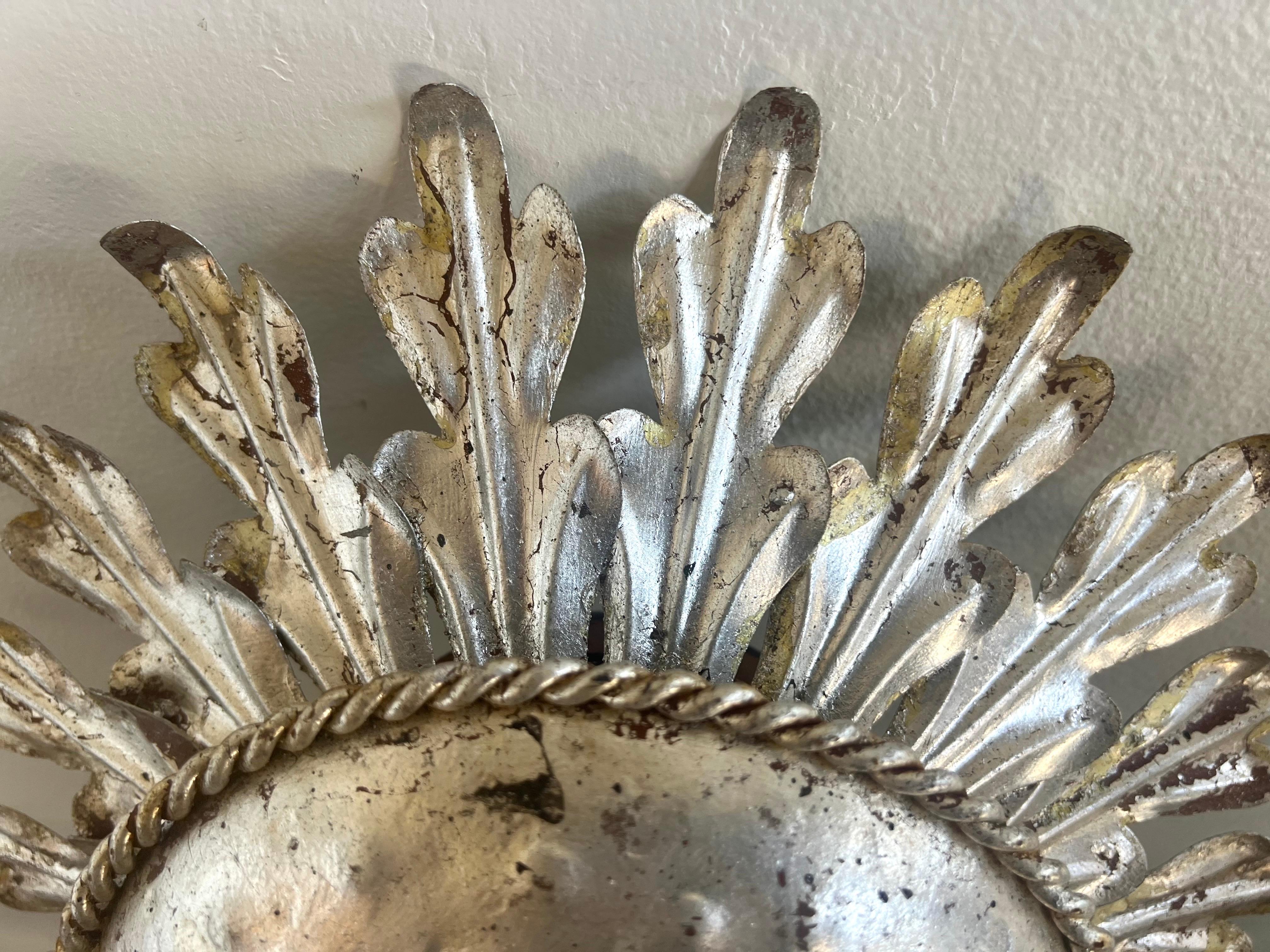 Silvered Gilt Metal Sunburst Flush Mount Fixture by MLA In Excellent Condition For Sale In Los Angeles, CA