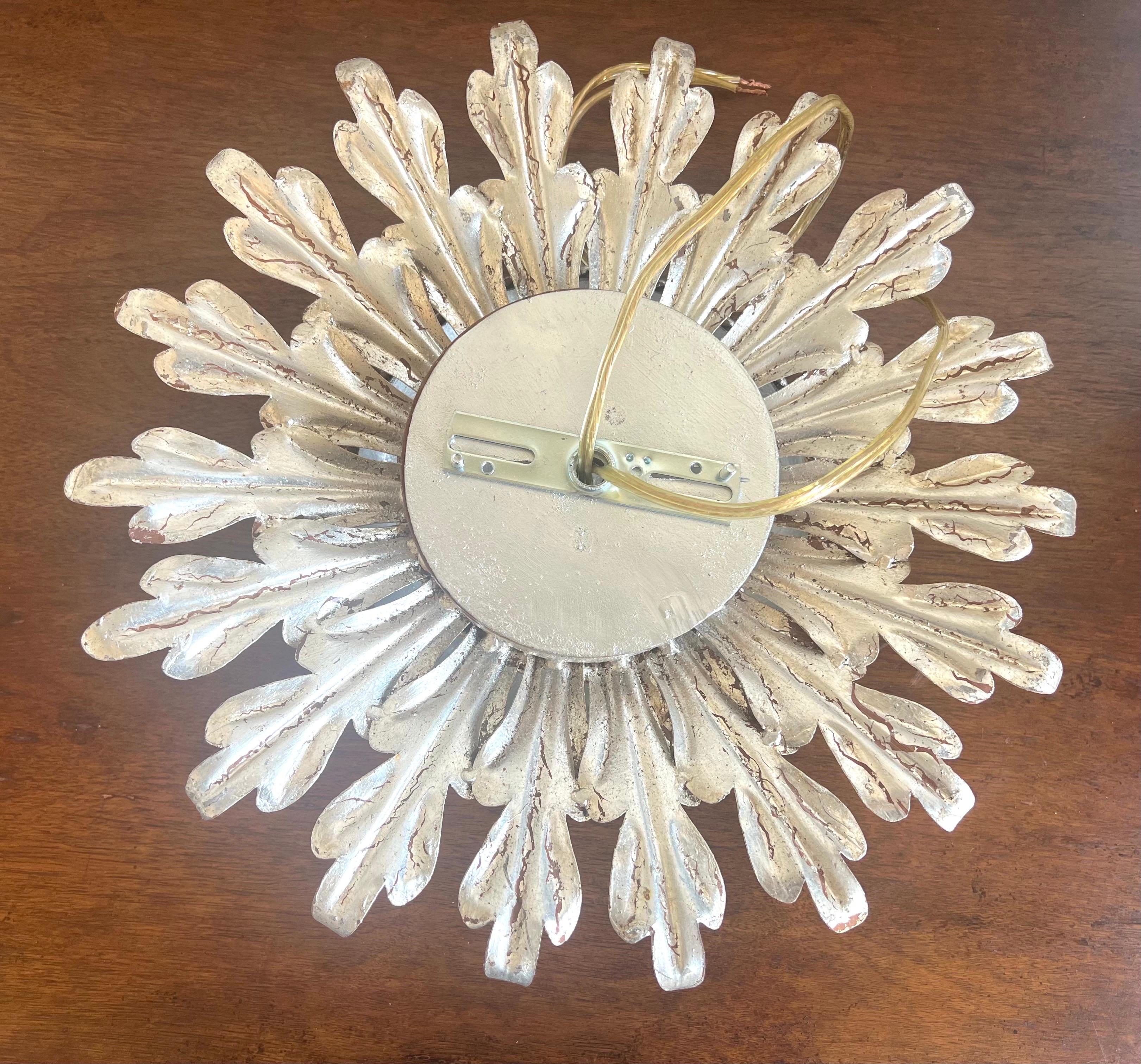 Silvered Gilt Metal Sunburst Flush Mount Fixture by MLA For Sale 2