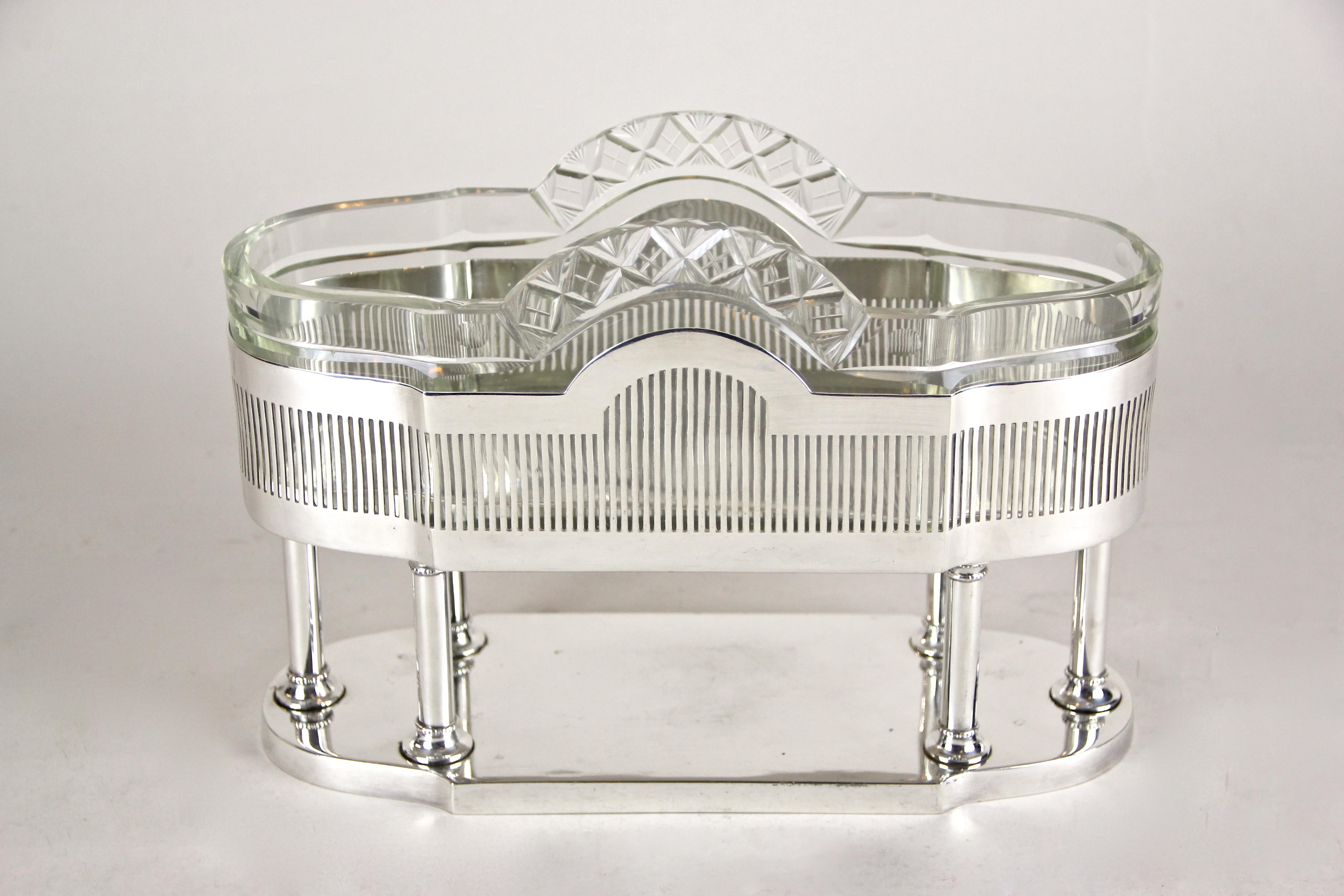 Outstanding silvered jardinière/ centerpiece with cut-glass bowl from the Art Nouveau period in Vienna/ Austria, made by the famous company of Argentor, circa 1905. The lovely designed masterpiece was made of Fine silvered brass and shows the
