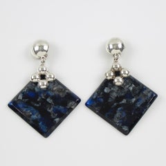 Modernist Silver Plate and Blue Resin Dangle Clip Earrings