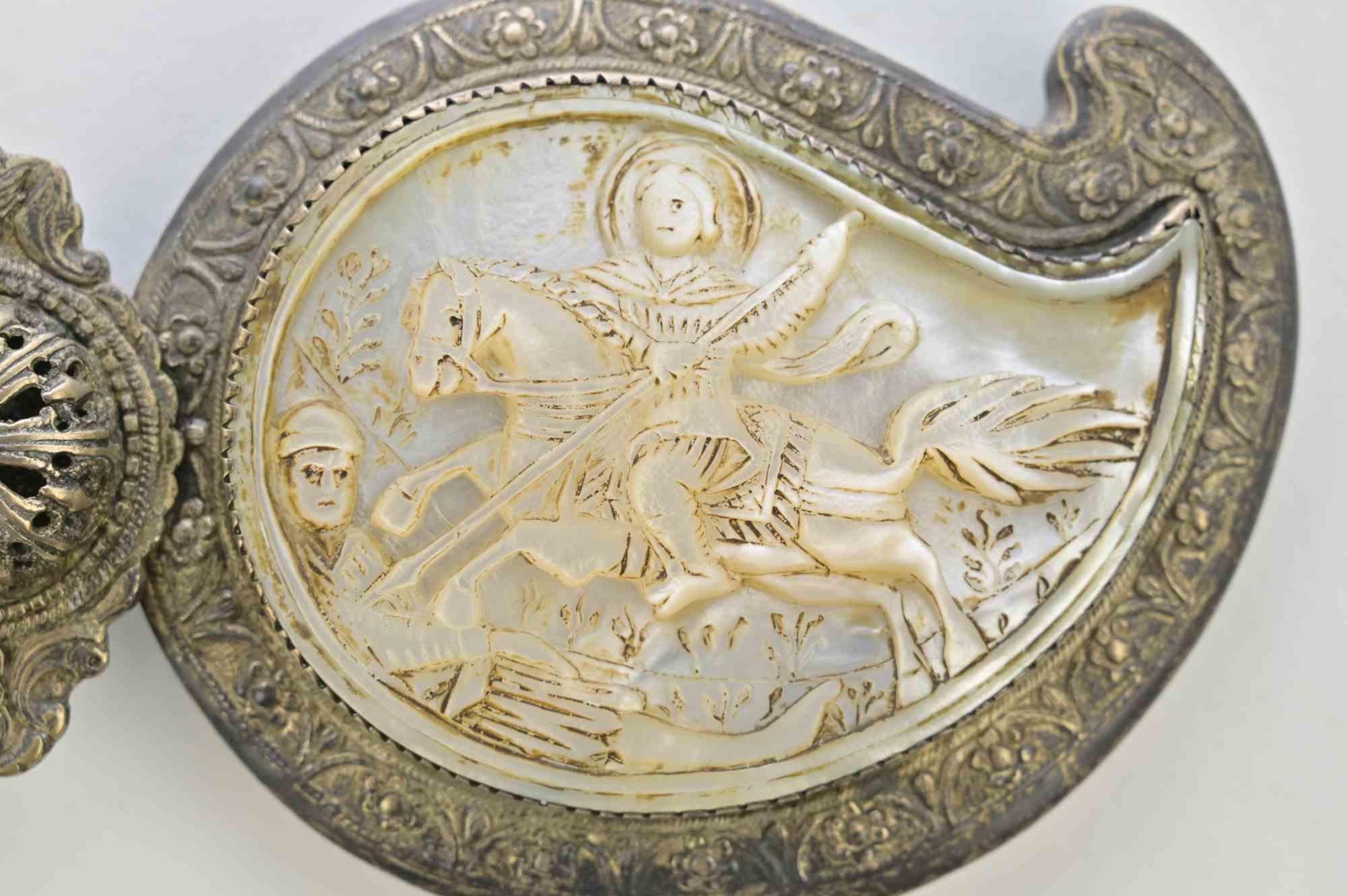 Bulgarian Silvered Metal and Carved Shell Buckle, 19th Century