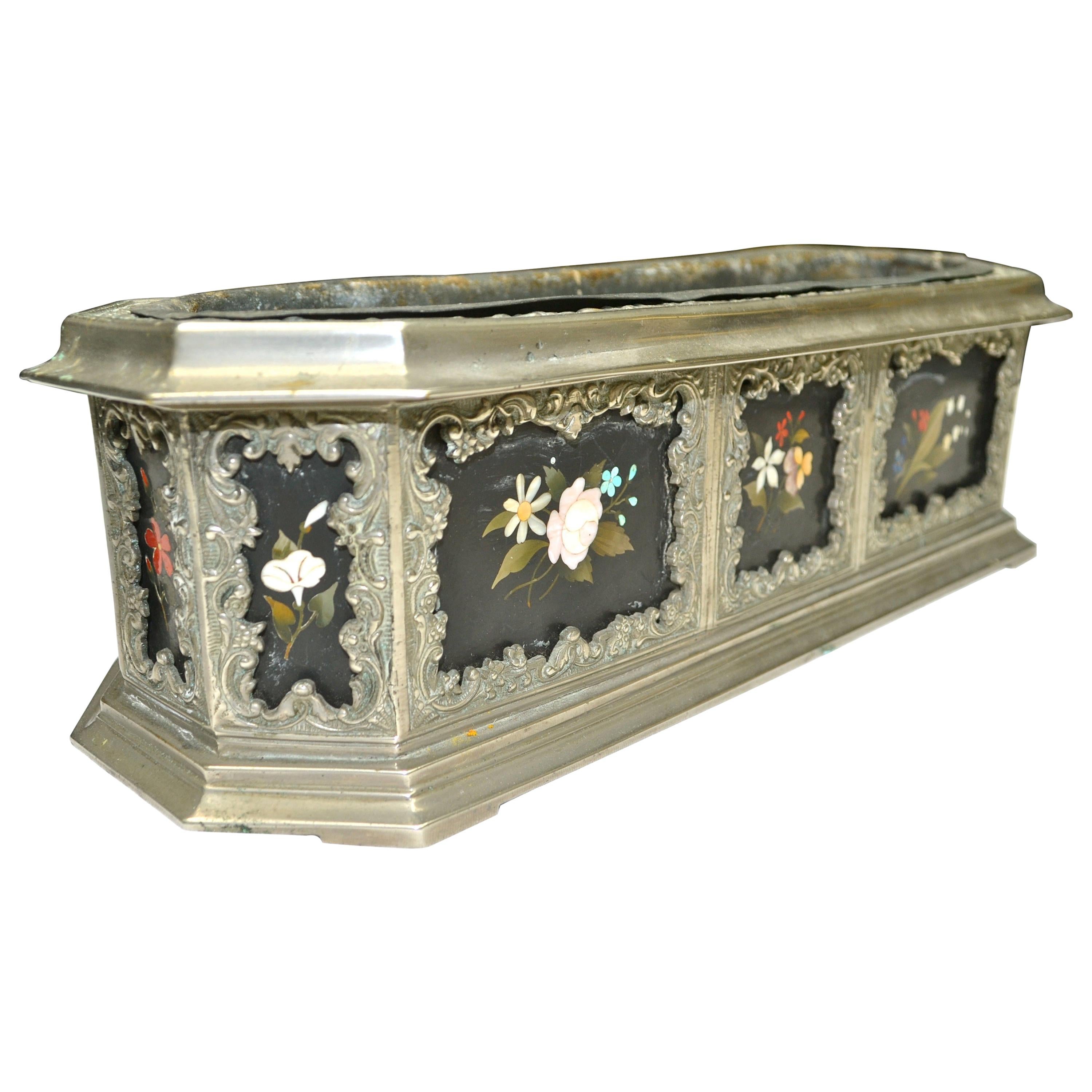 Silvered Metal and Pietra Dura Table Planter For Sale