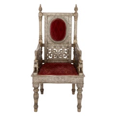 Antique Silvered Metal and Red Velvet Throne Chair