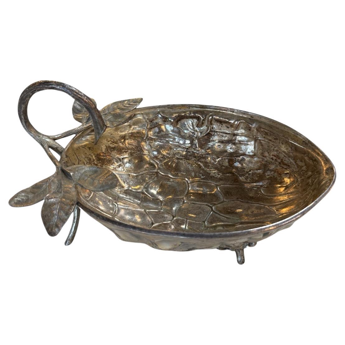 Silvered Metal Botanical Bowl with Branch Handle, 1970s