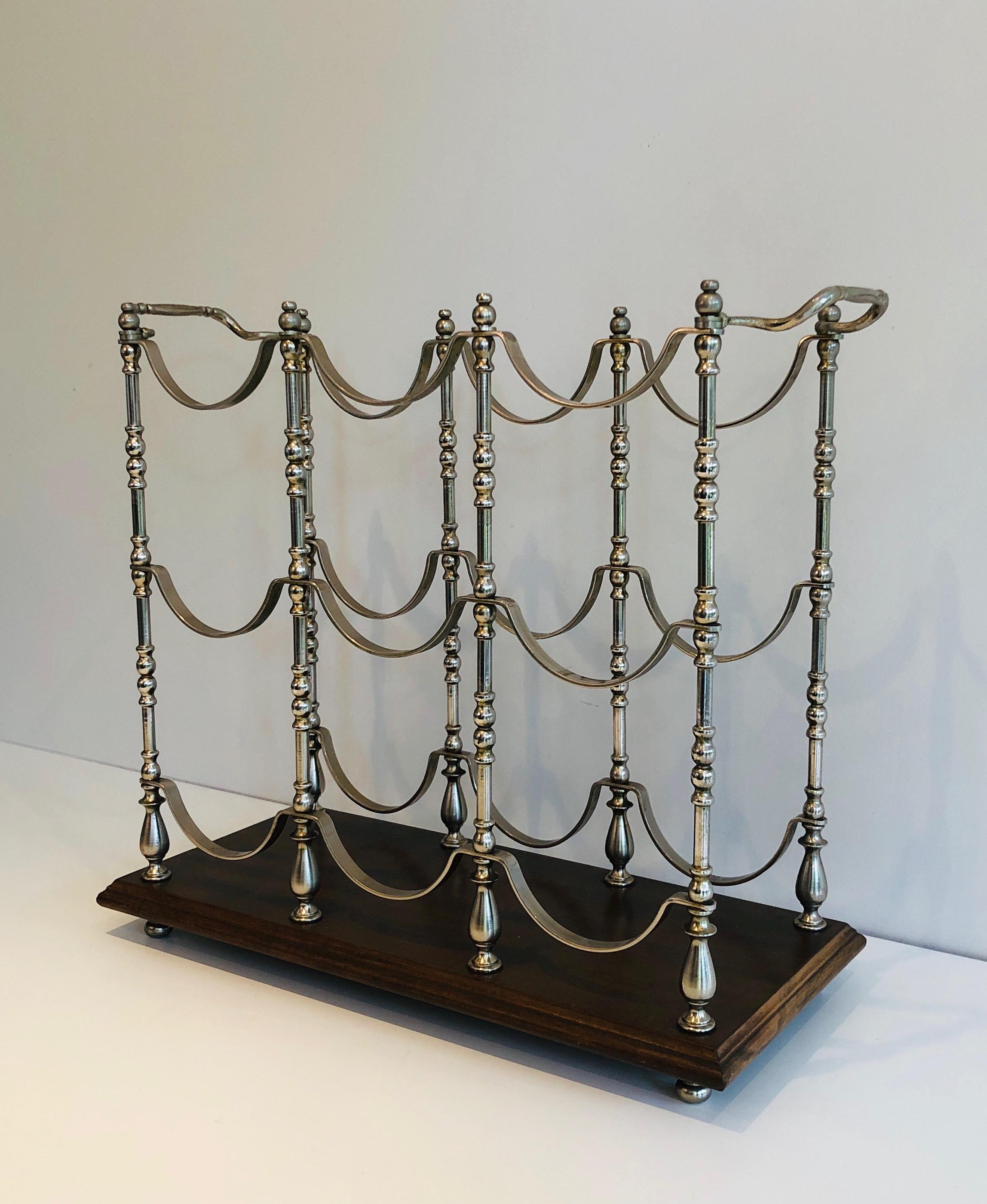 Silvered Metal Bottles Holder on a Wooden Base, French, Circa 1960 For Sale 9
