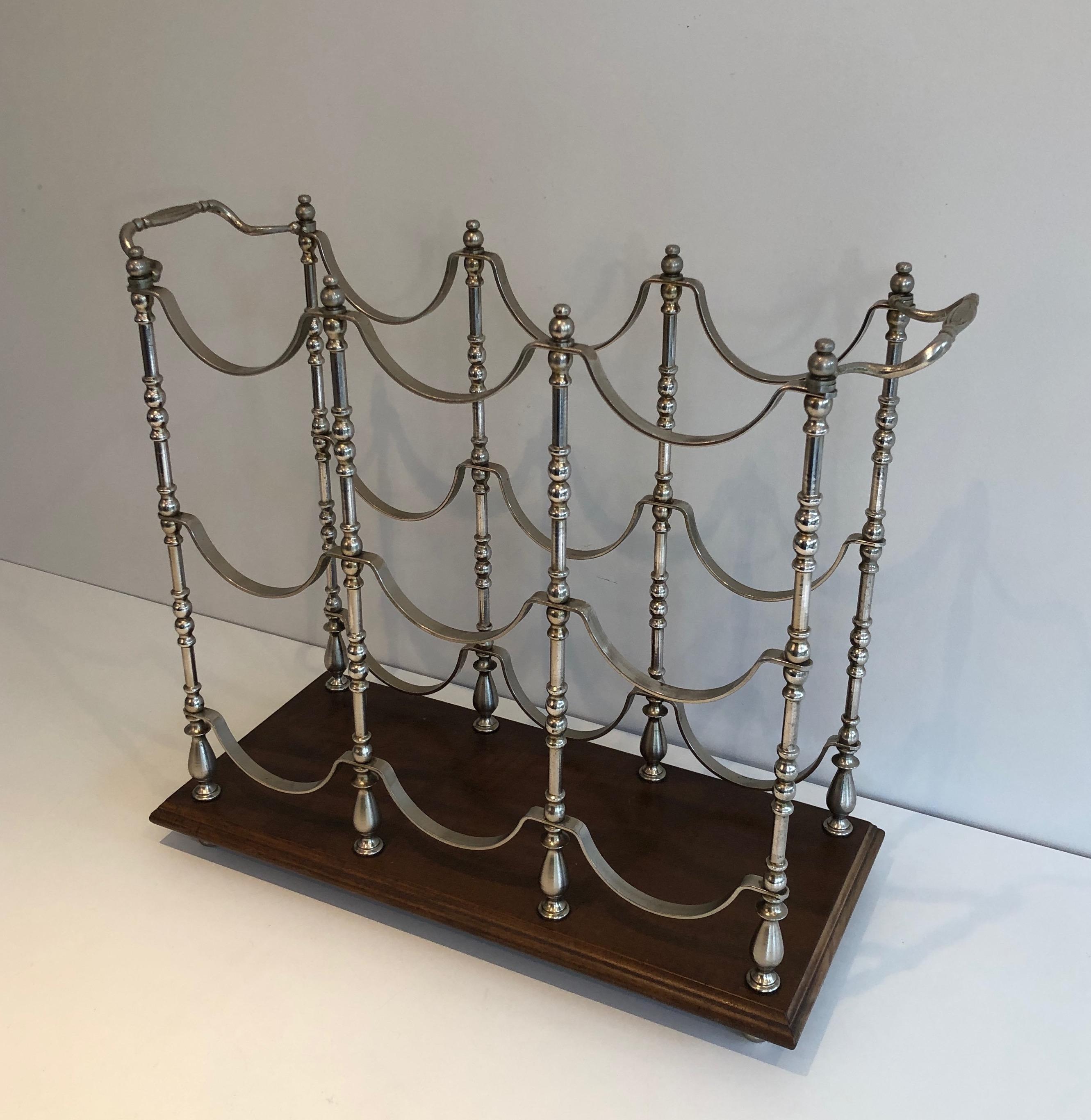 Silvered Metal Bottles Holder on a Wooden Base, French, Circa 1960 In Good Condition For Sale In Marcq-en-Barœul, Hauts-de-France