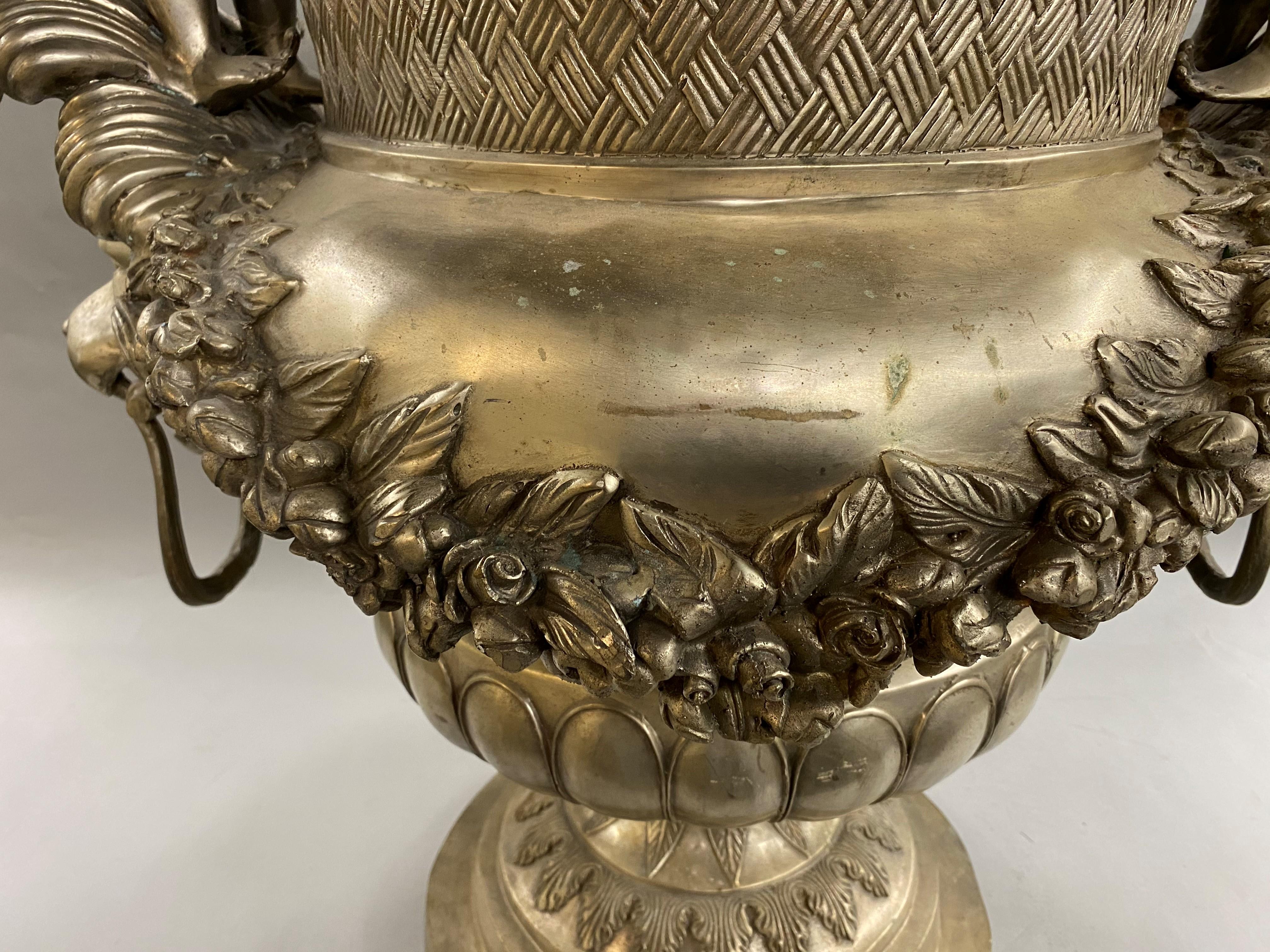 Silvered Metal Handled Garden Urn with Lion Heads and Winged Putti 4