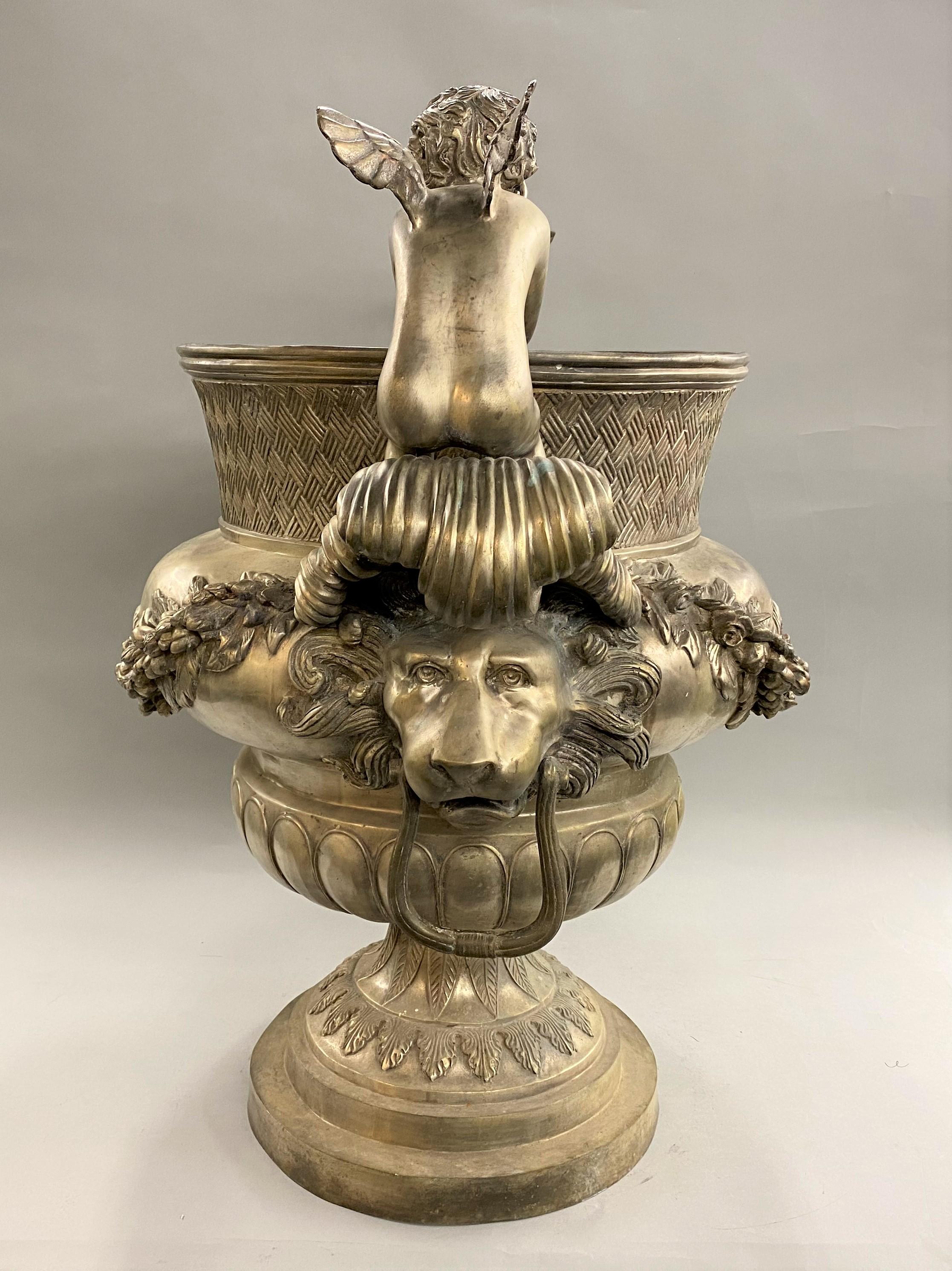 Silvered Metal Handled Garden Urn with Lion Heads and Winged Putti 5