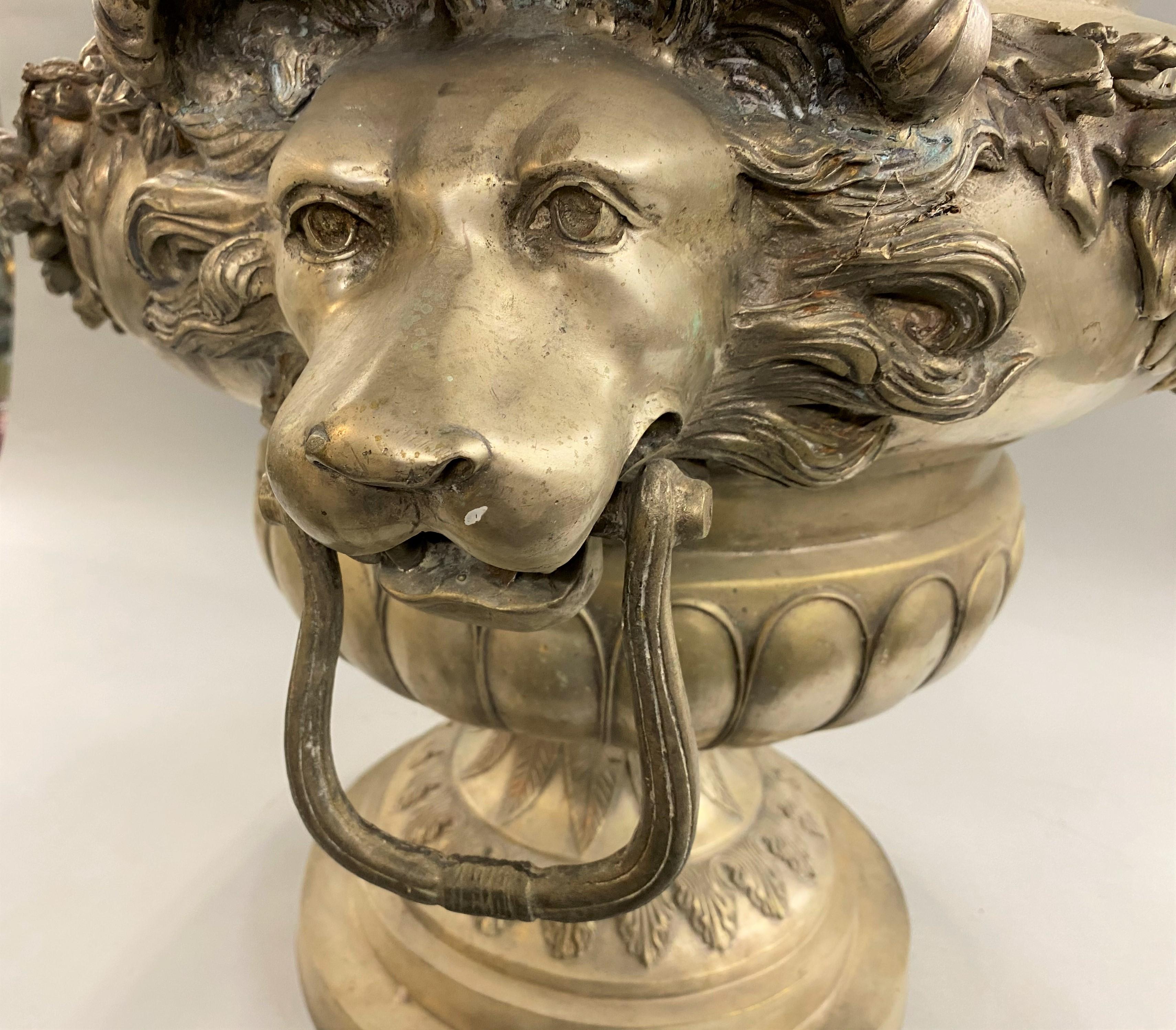 Silvered Metal Handled Garden Urn with Lion Heads and Winged Putti 1