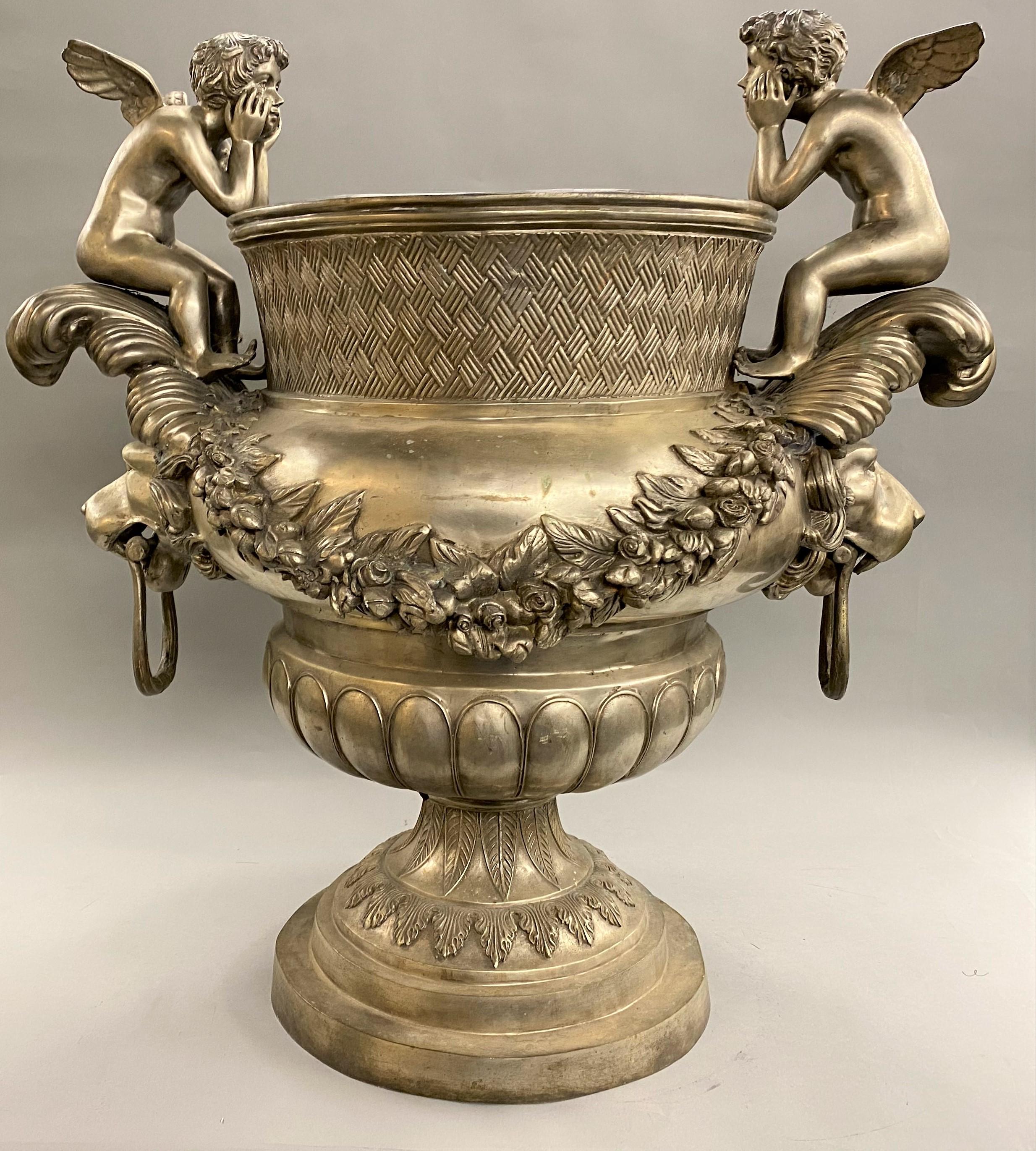 Silvered Metal Handled Garden Urn with Lion Heads and Winged Putti 3