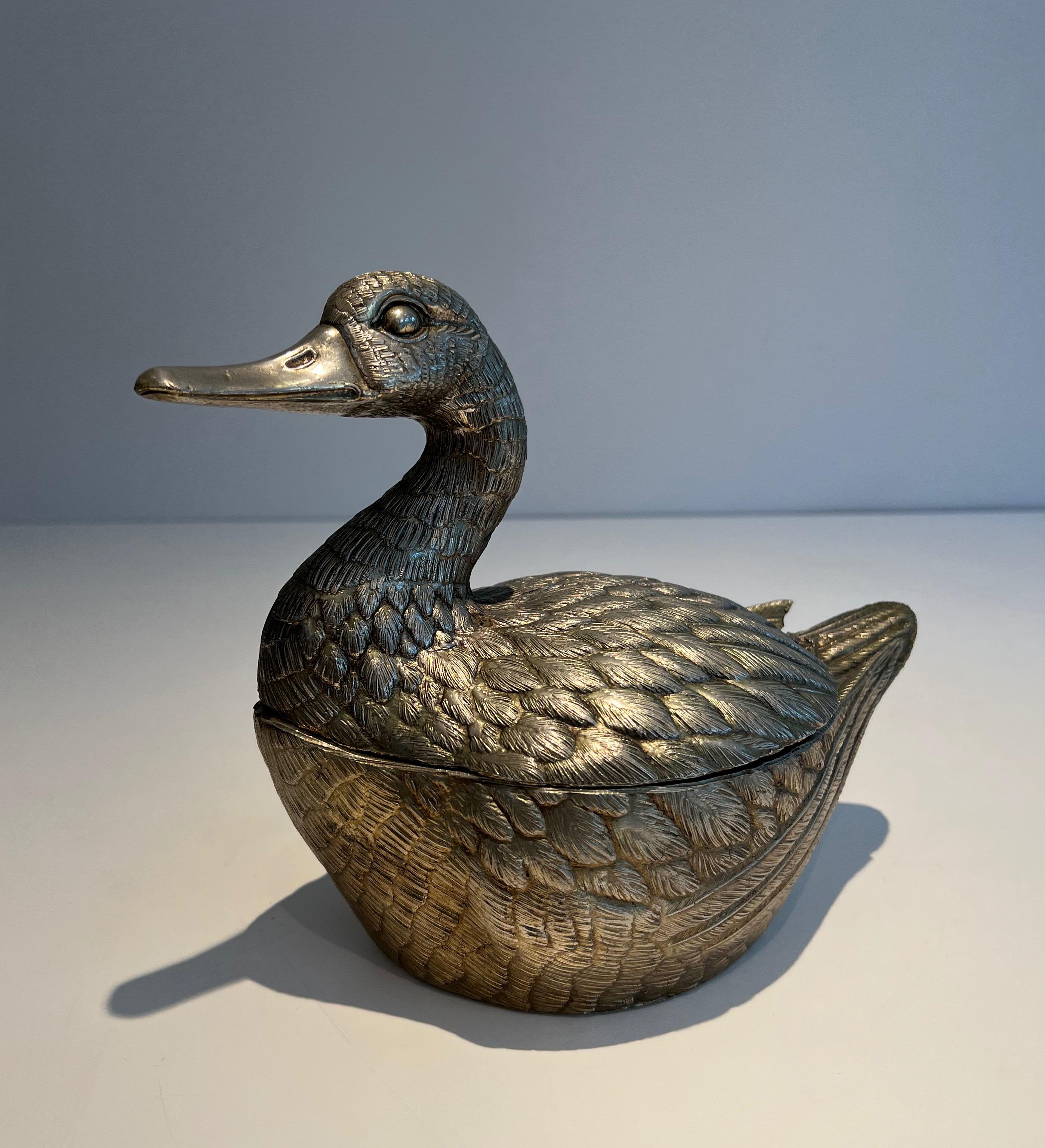 Mid-Century Modern Silvered Metal Ice Bucket reprsenting a Duck by Mauro Manetti For Sale