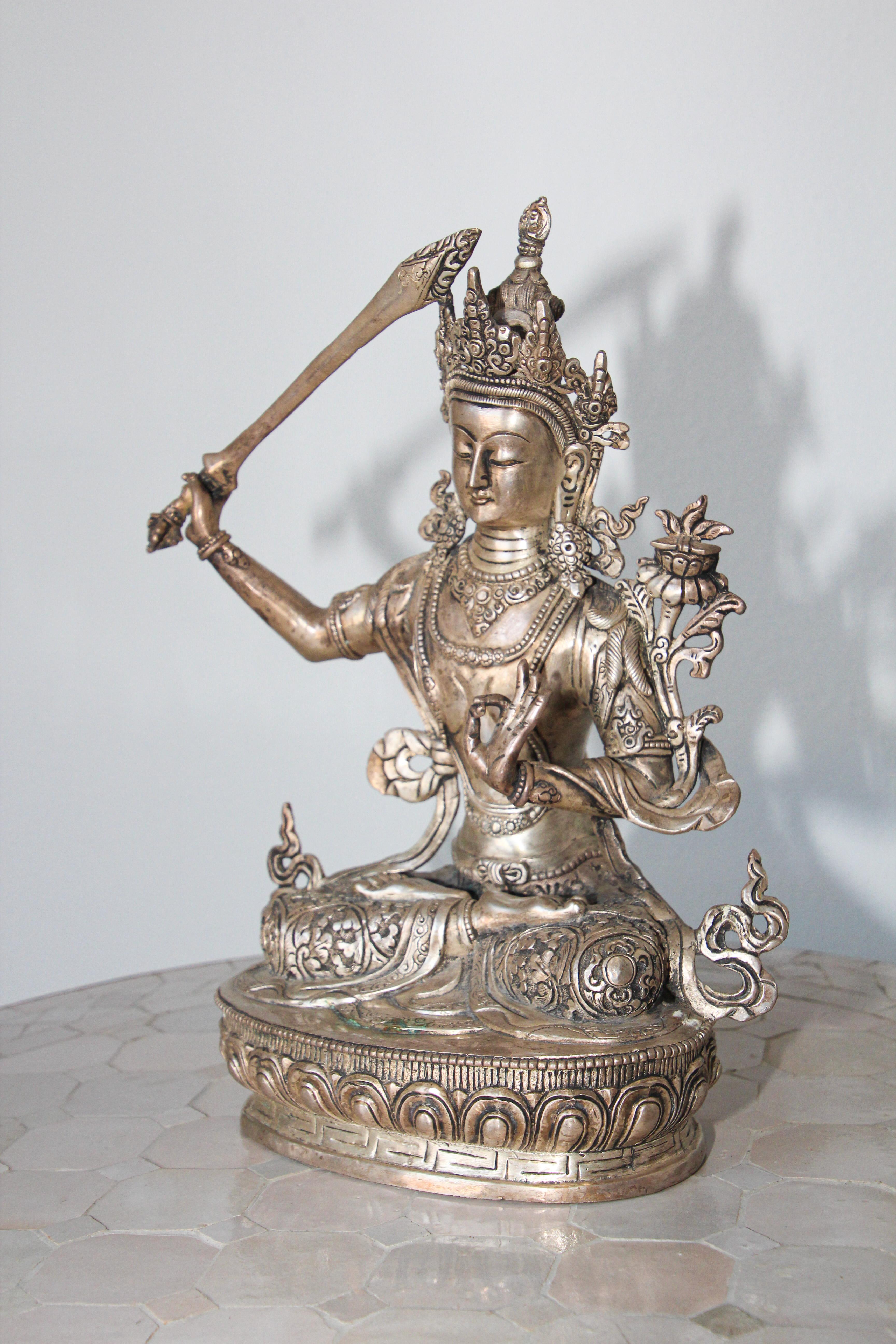 Silvered Metal Manjushri, Sino, Tibetan Buddhist Deity For Sale 3