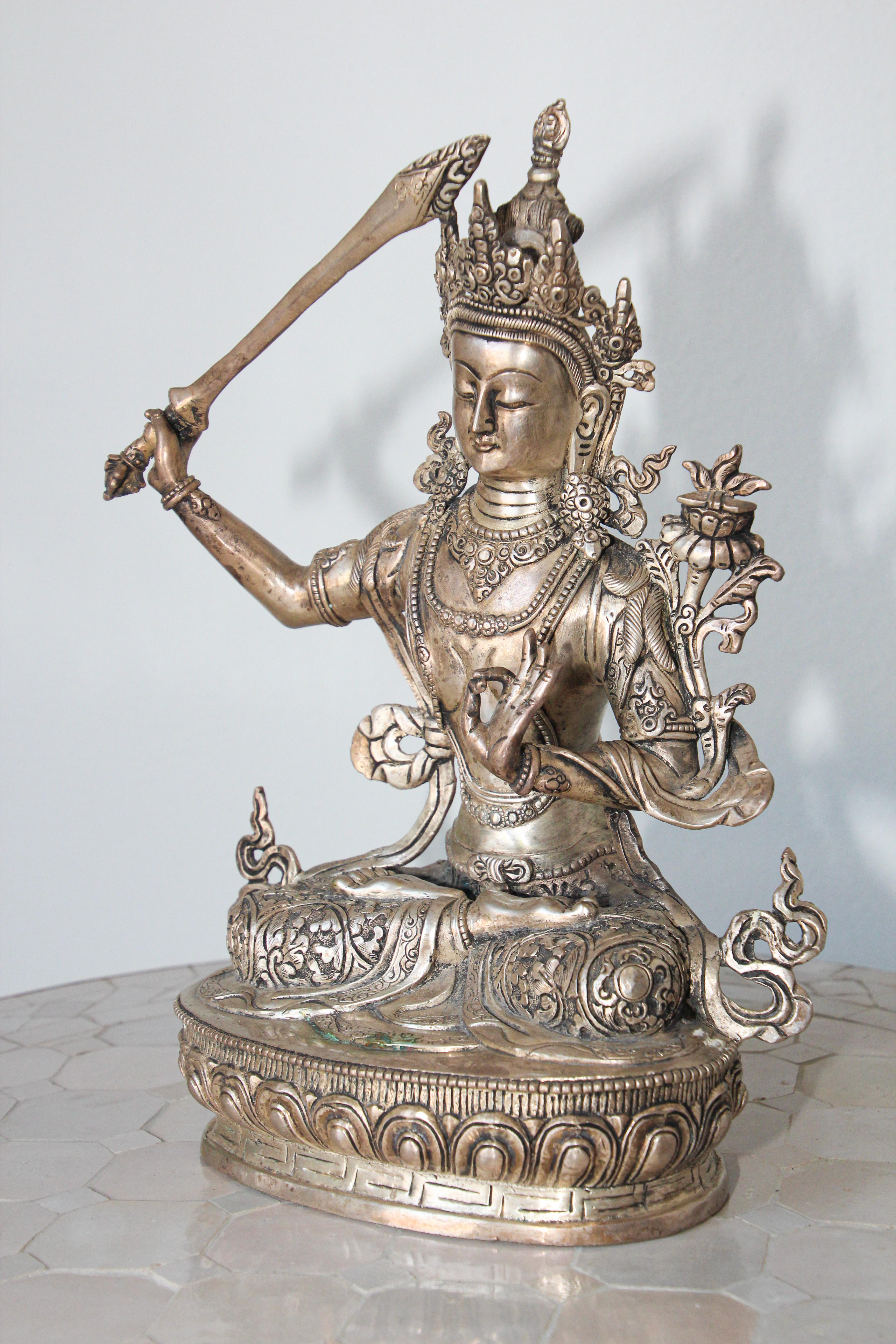 Silvered Metal Manjushri, Sino, Tibetan Buddhist Deity For Sale 4