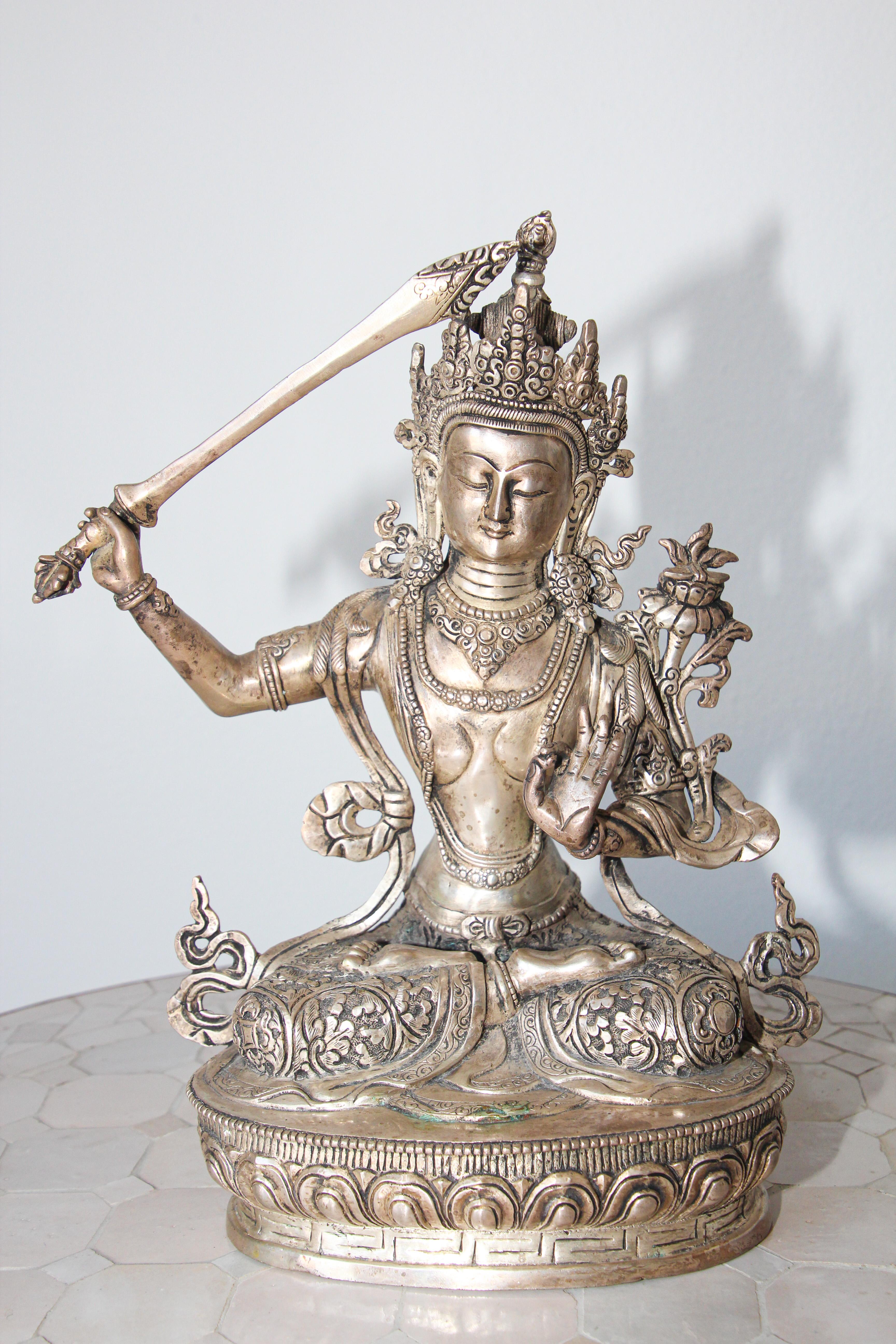 Silvered Metal Manjushri, Sino, Tibetan Buddhist Deity For Sale 6