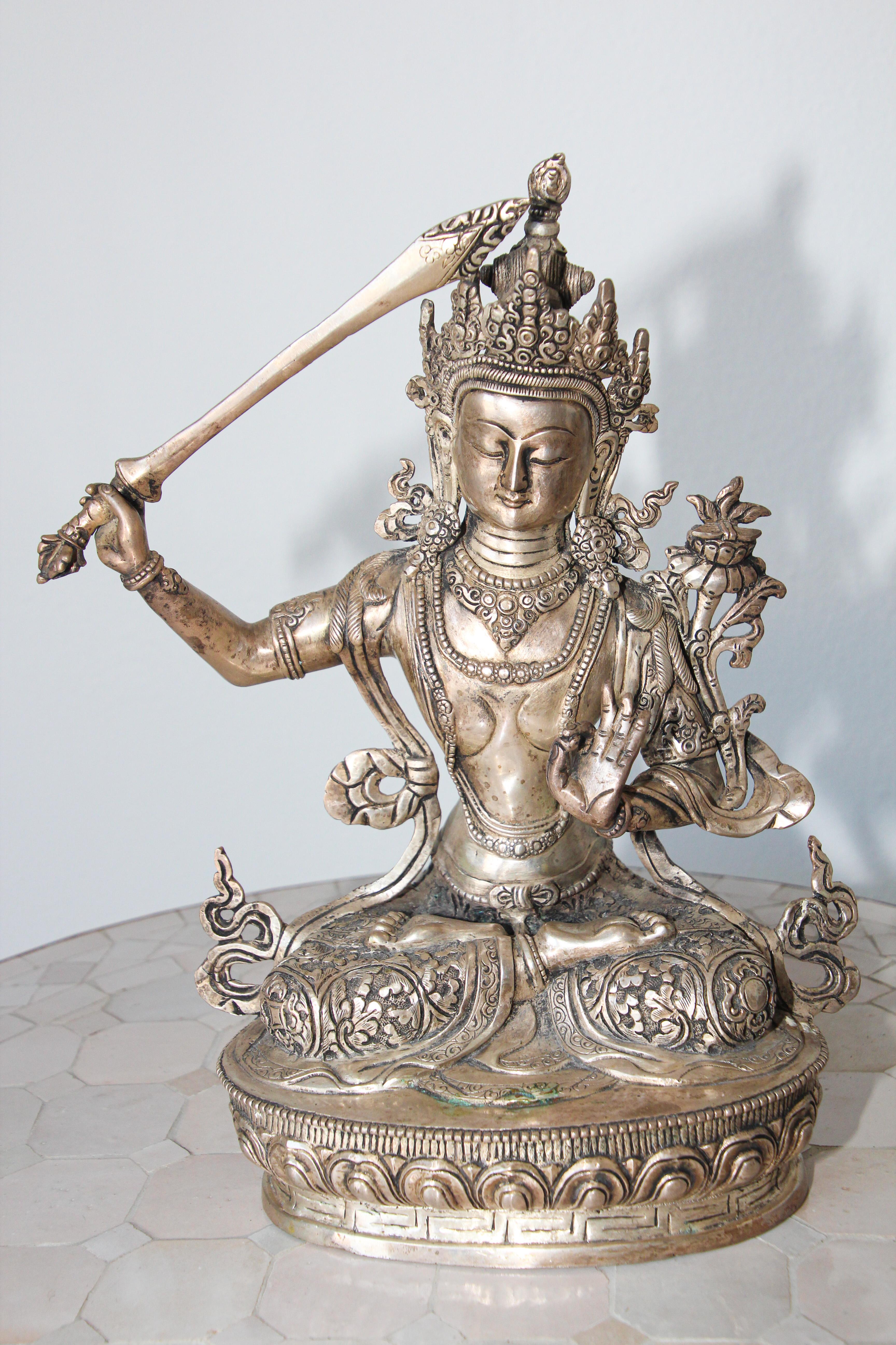 Silvered Metal Manjushri, Sino, Tibetan Buddhist Deity For Sale 7