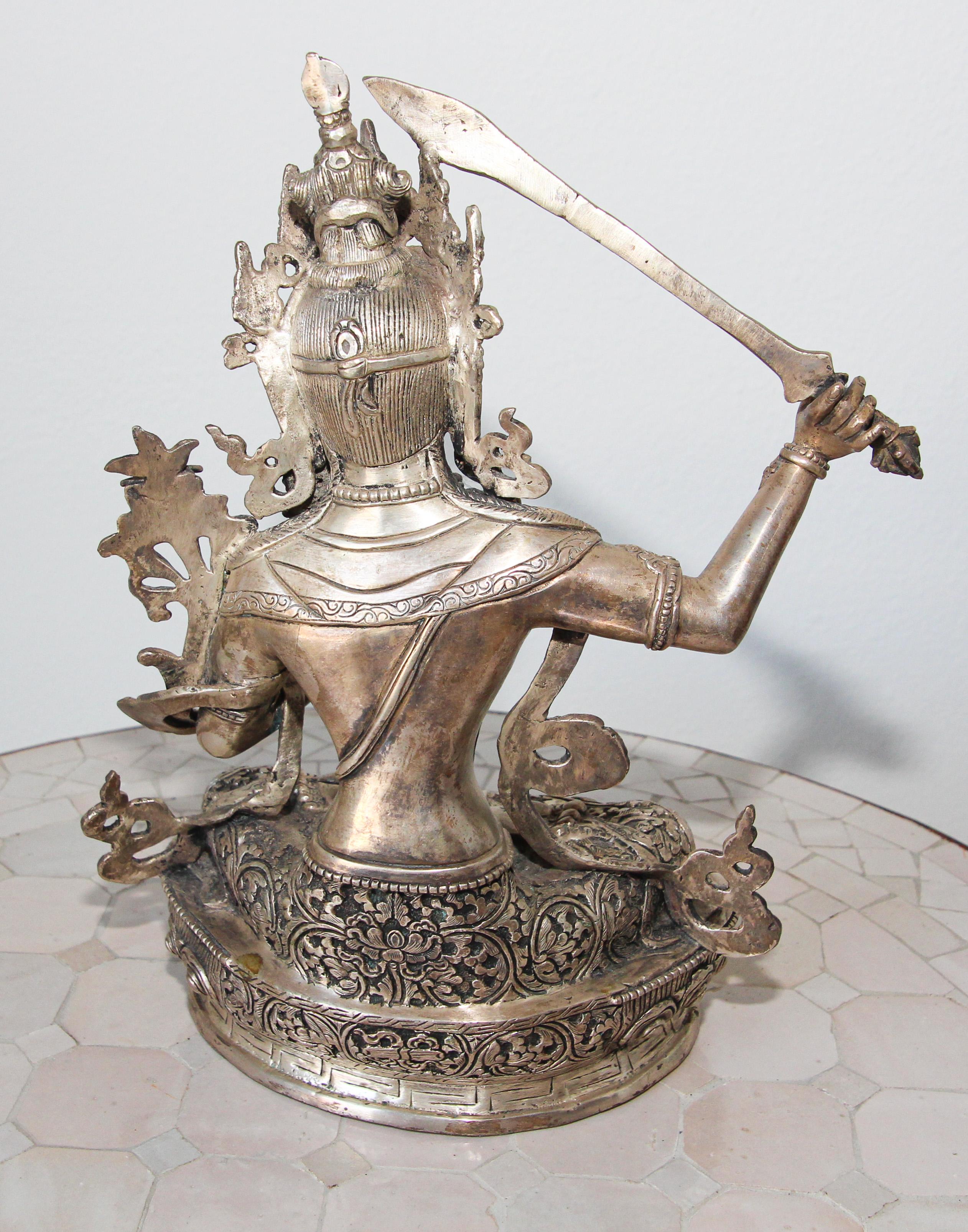 Chinese Export Silvered Metal Manjushri, Sino, Tibetan Buddhist Deity For Sale