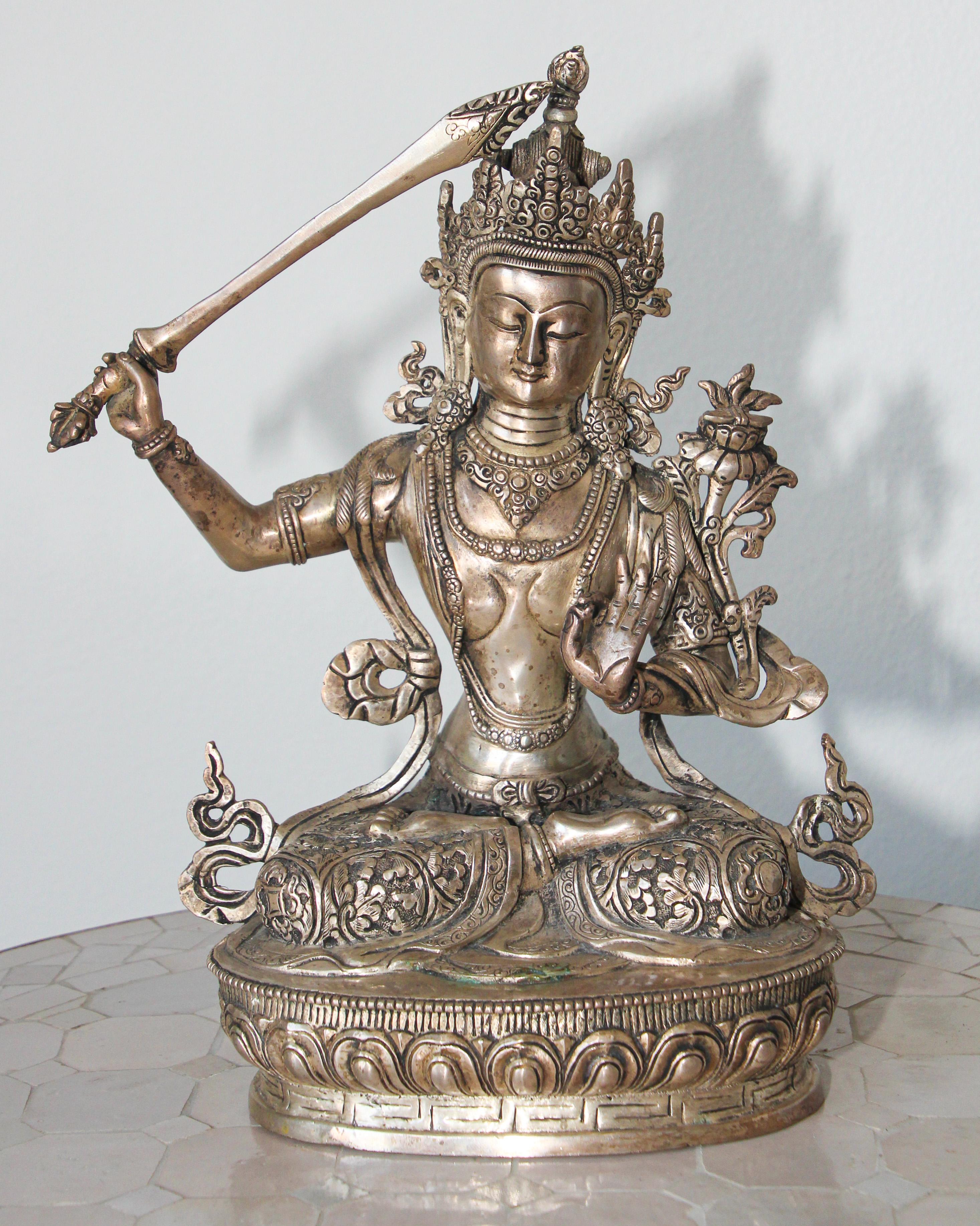 Silvered Metal Manjushri, Sino, Tibetan Buddhist Deity For Sale 9