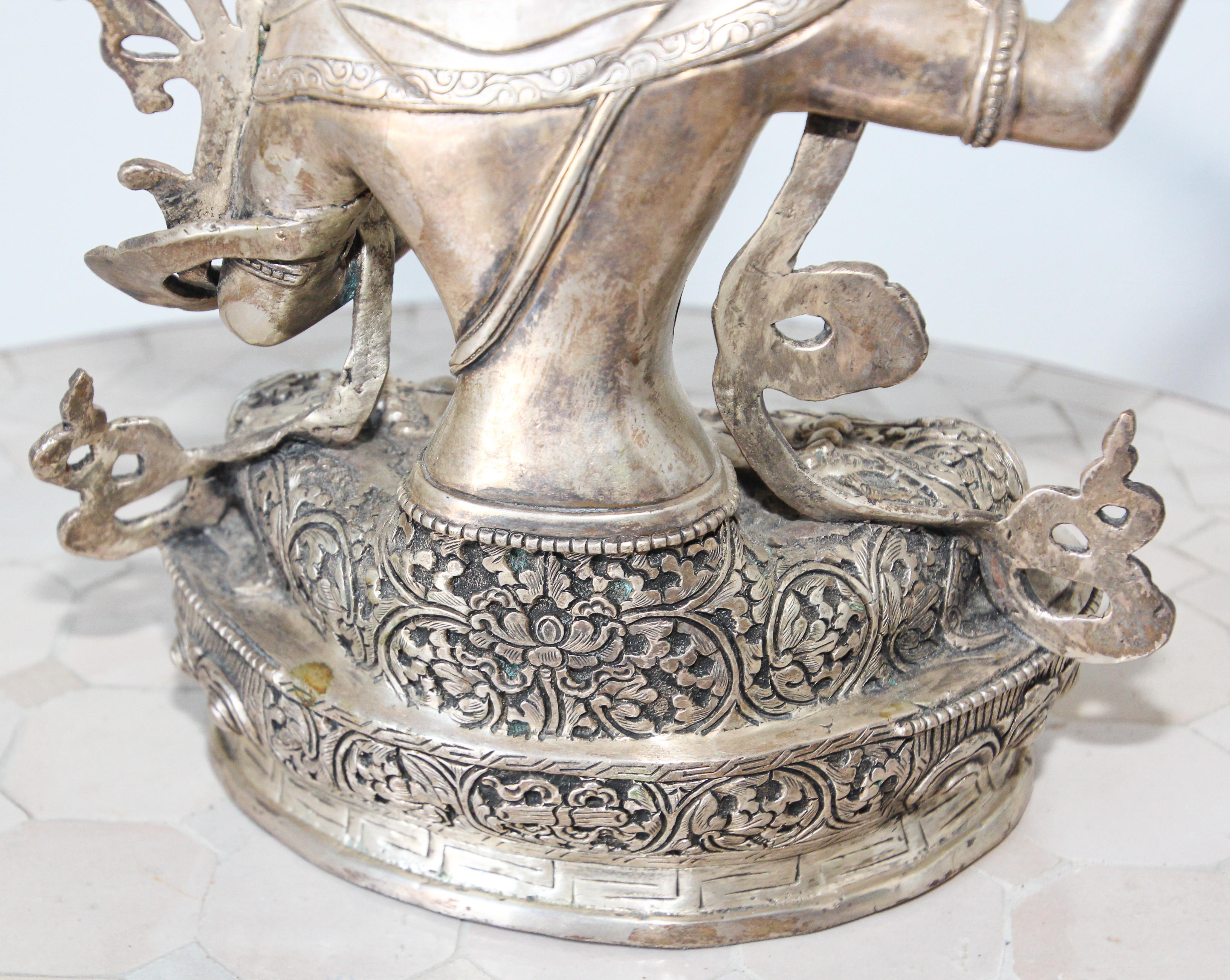 Cast Silvered Metal Manjushri, Sino, Tibetan Buddhist Deity For Sale