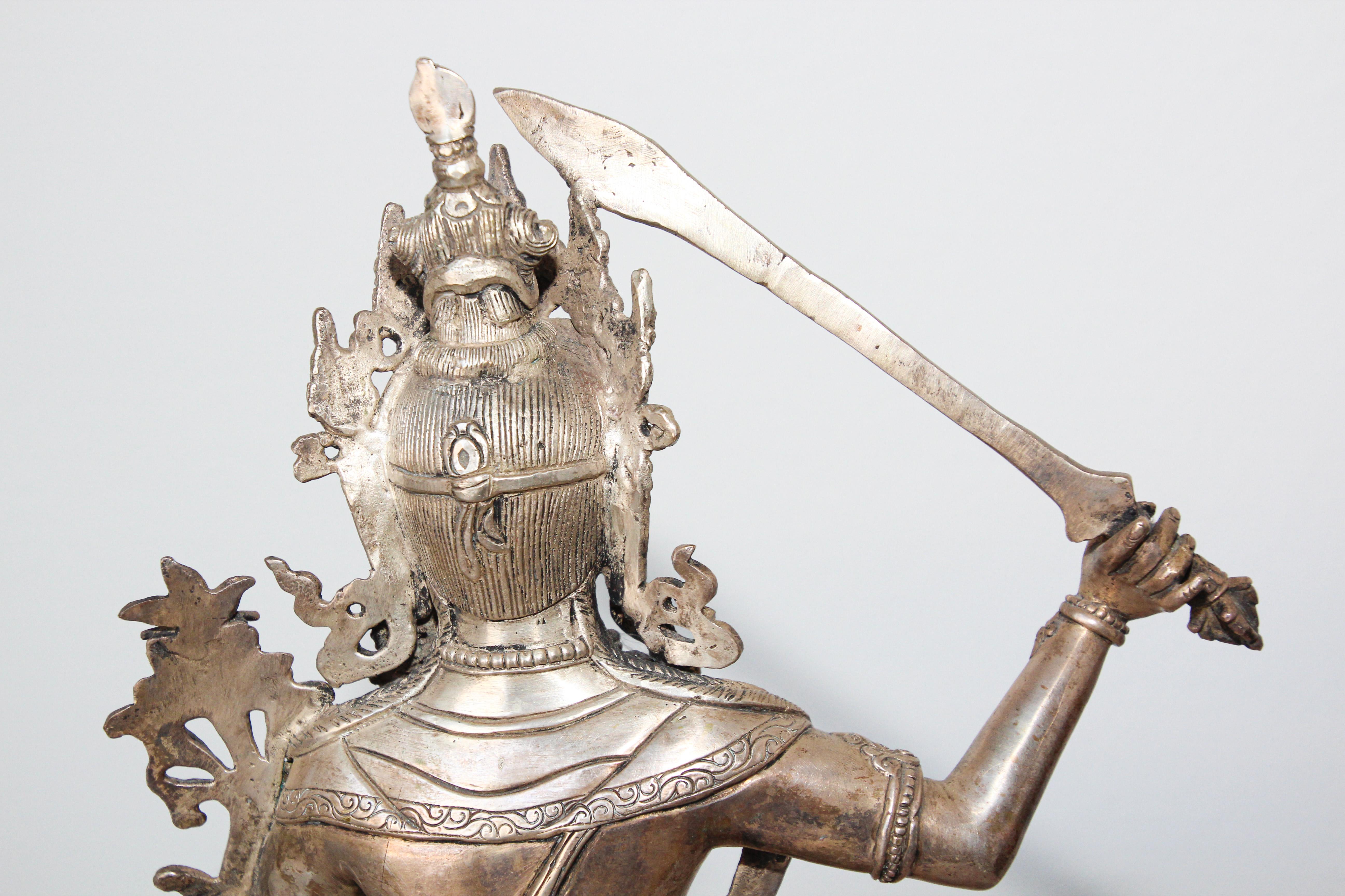 Silvered Metal Manjushri, Sino, Tibetan Buddhist Deity In Good Condition For Sale In North Hollywood, CA