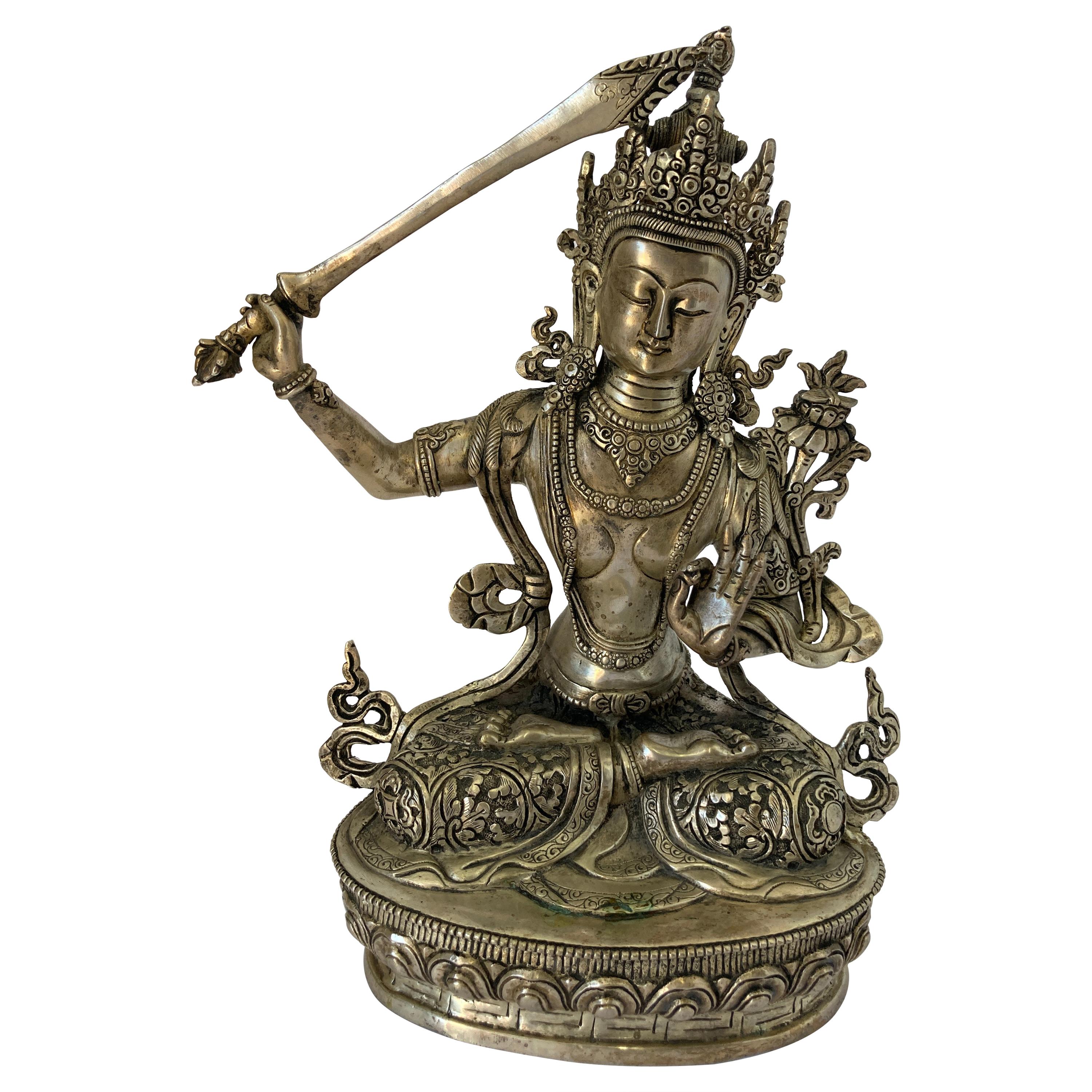 Manjushri en métal argenté, divinité bouddhiste tibétaine Sino