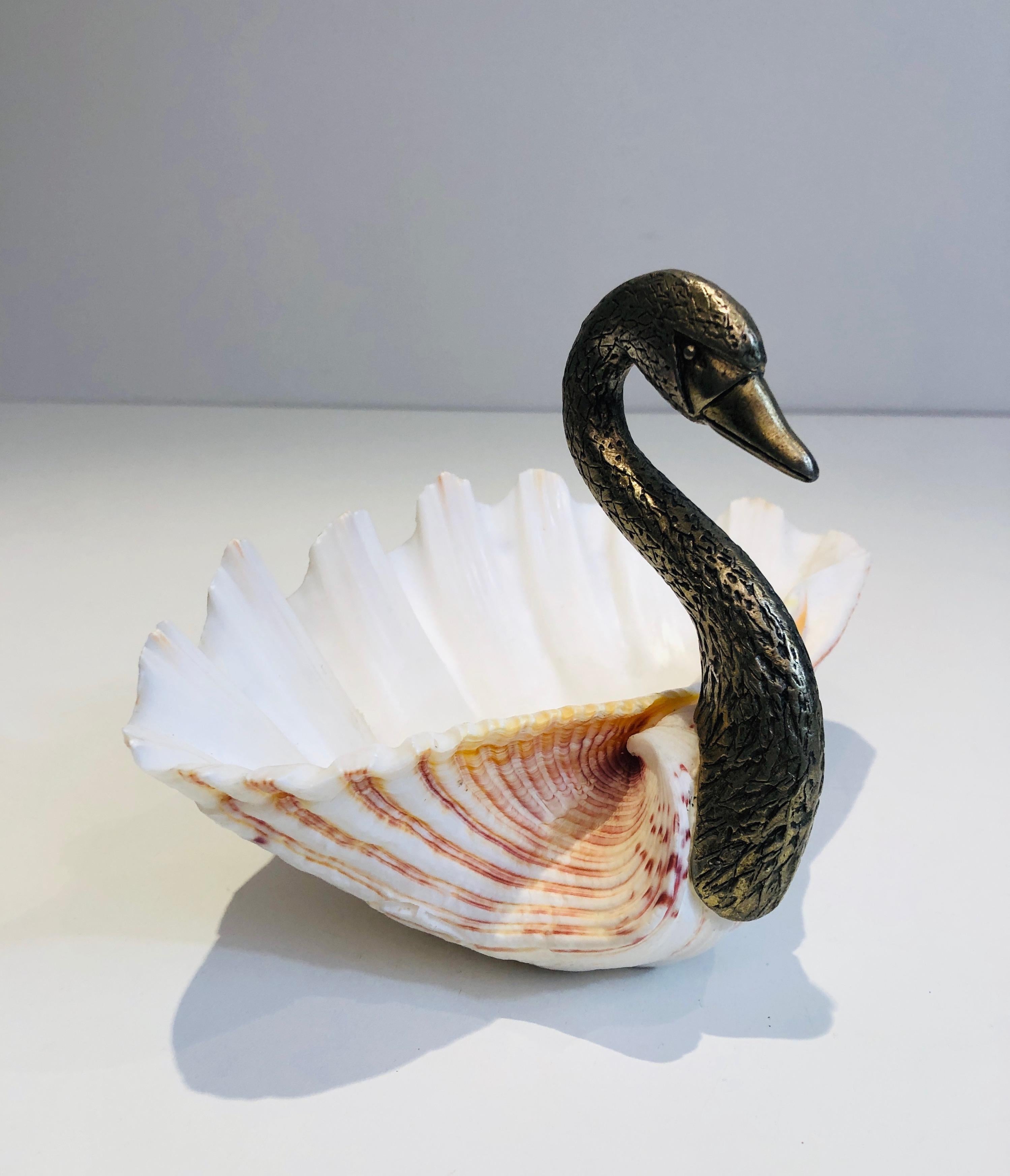 Neoclassical Silvered Metal & Shell Swan Vide-Poche, French Work, Attributed to Maison Jansen