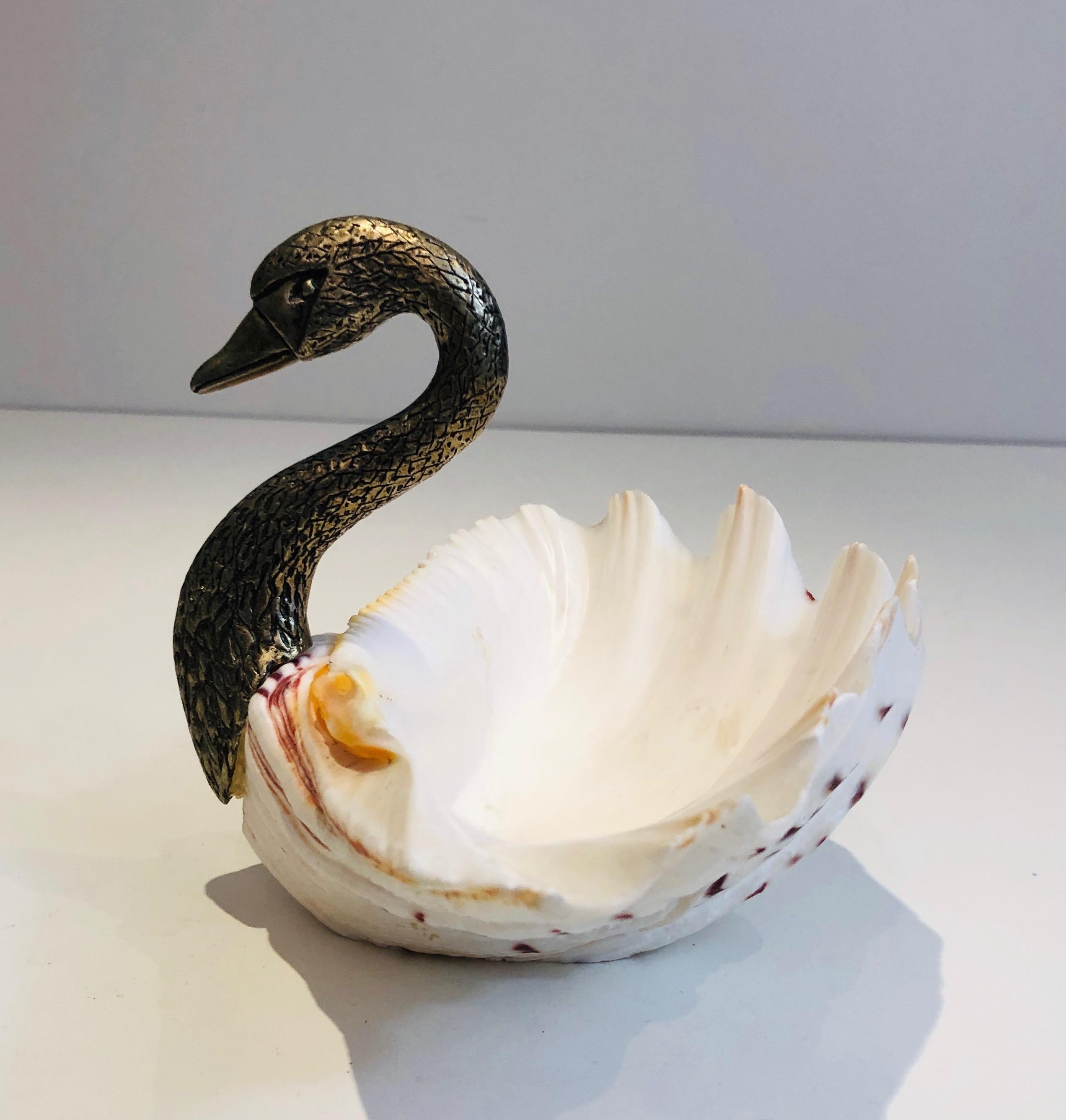 Mid-20th Century Silvered Metal & Shell Swan Vide-Poche, French Work, Attributed to Maison Jansen