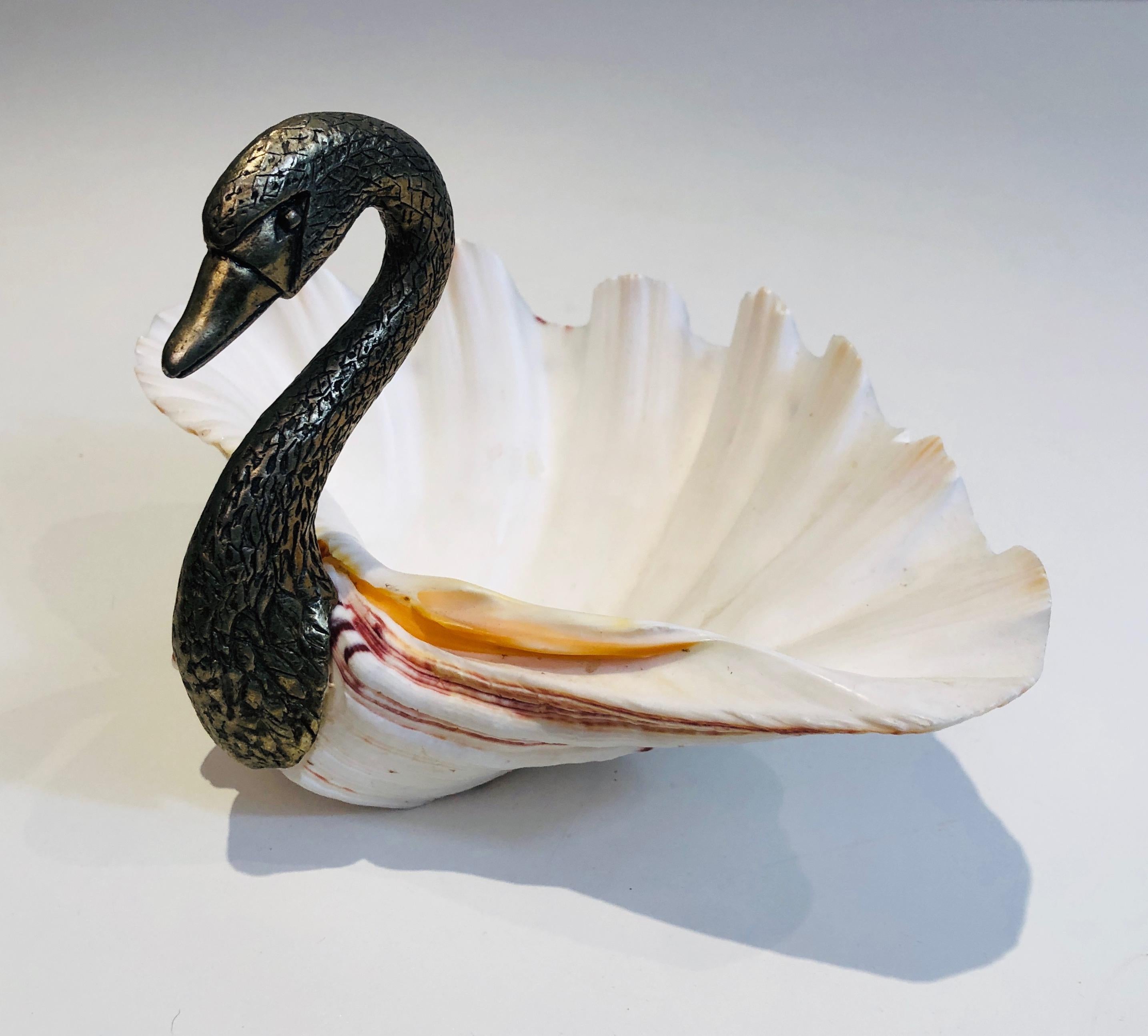 Silver Plate Silvered Metal & Shell Swan Vide-Poche, French Work, Attributed to Maison Jansen