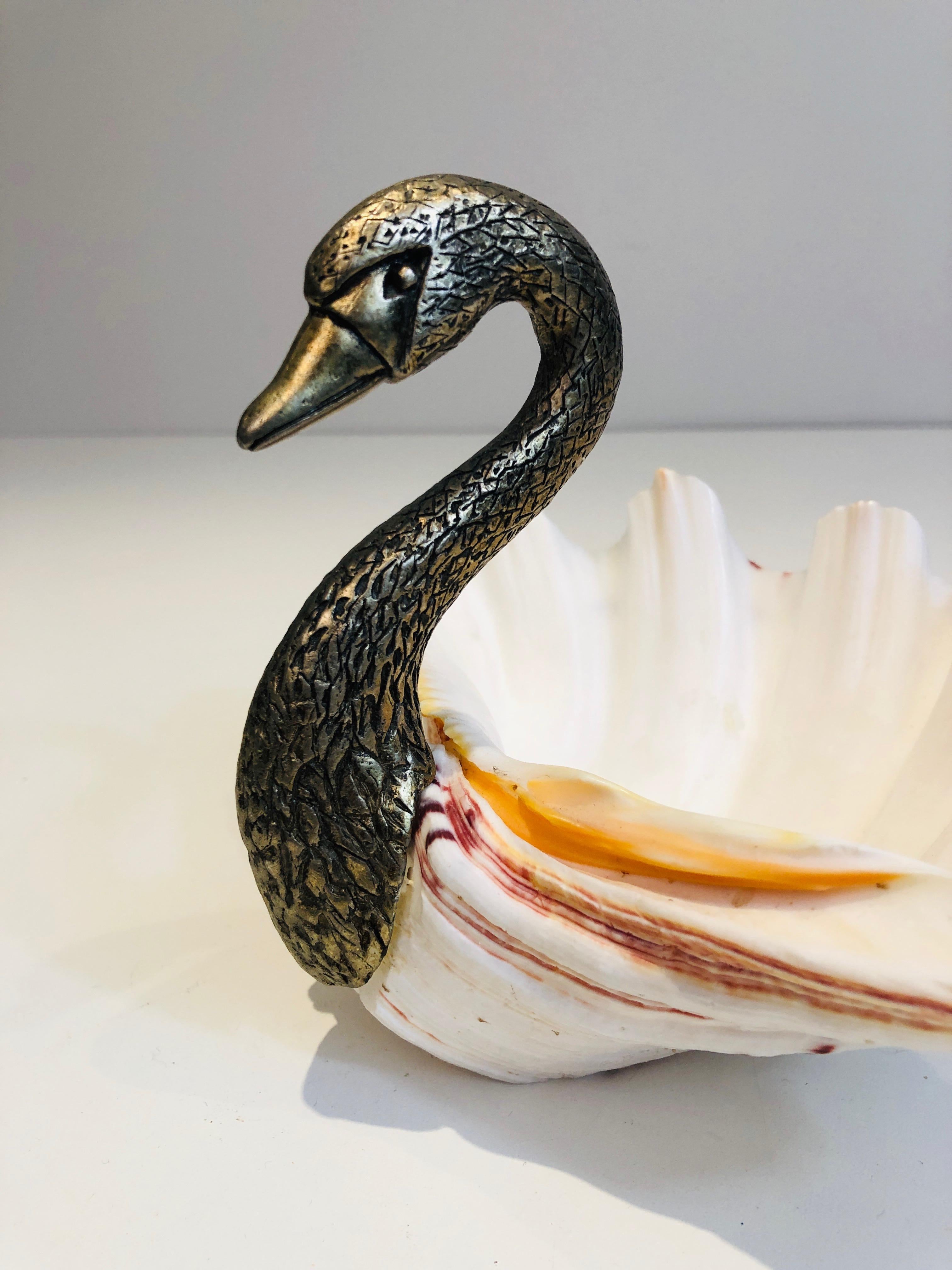 Silvered Metal & Shell Swan Vide-Poche, French Work, Attributed to Maison Jansen 1