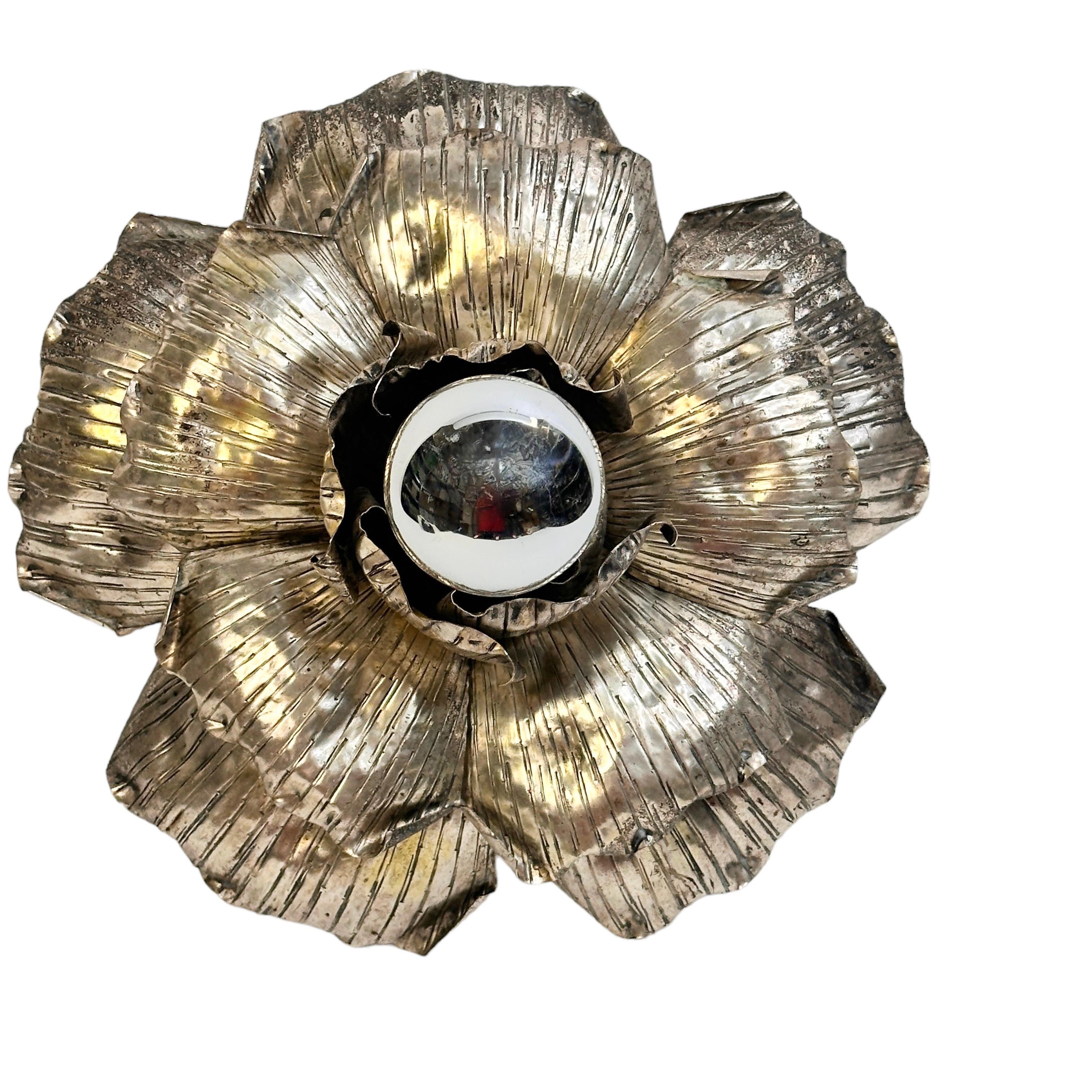 Italian Silvered one Light Banci Firenze Florentine Flush Mount Tole Toleware Italy 1960 For Sale