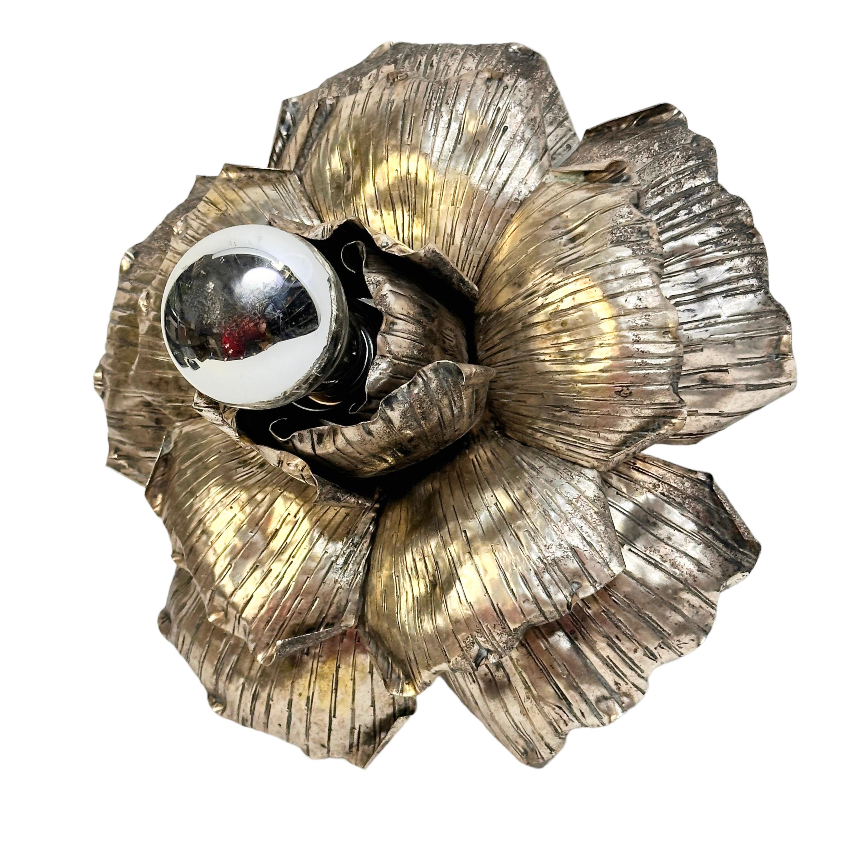 Hand-Crafted Silvered one Light Banci Firenze Florentine Flush Mount Tole Toleware Italy 1960