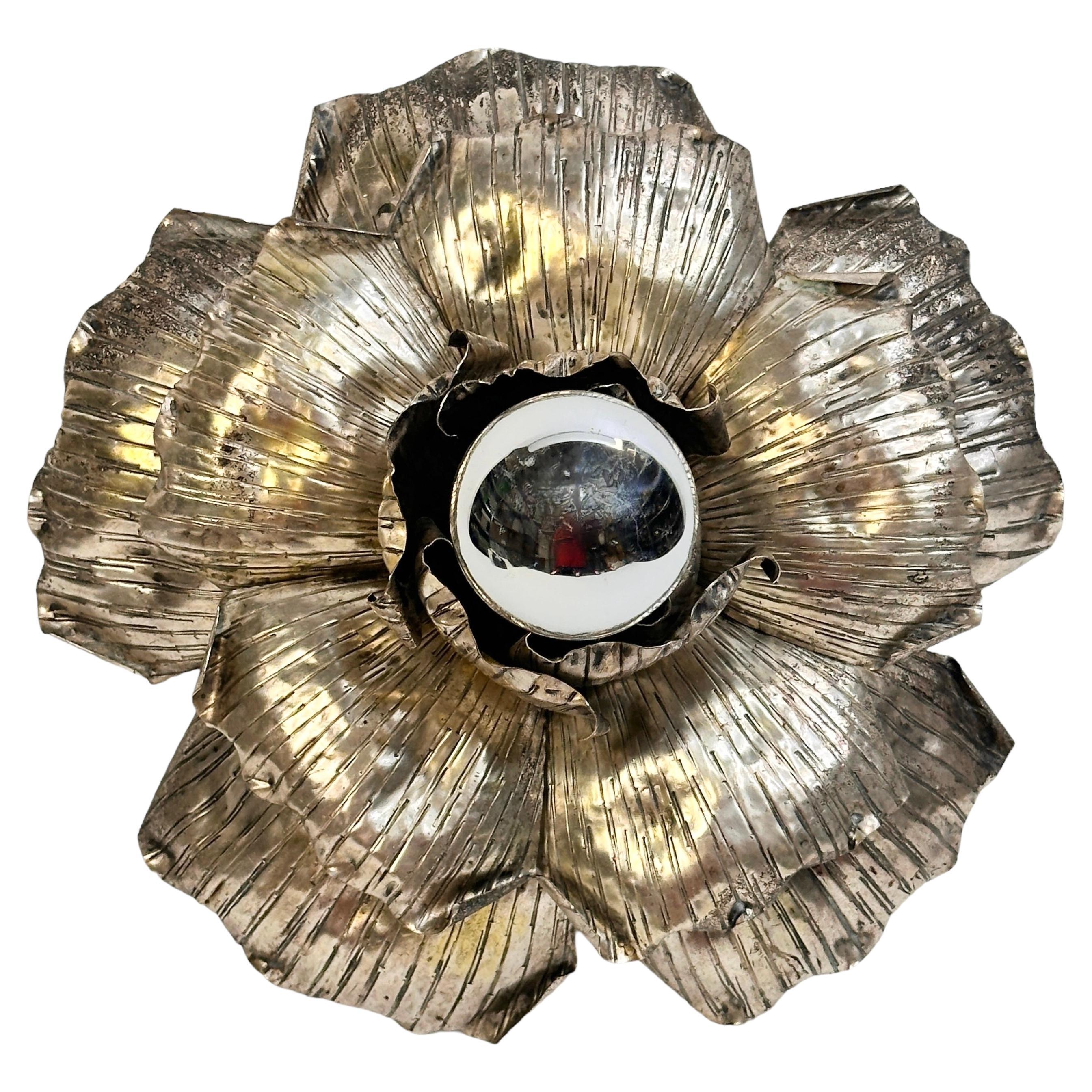 Silvered one Light Banci Firenze Florentine Flush Mount Tole Toleware Italy 1960 For Sale