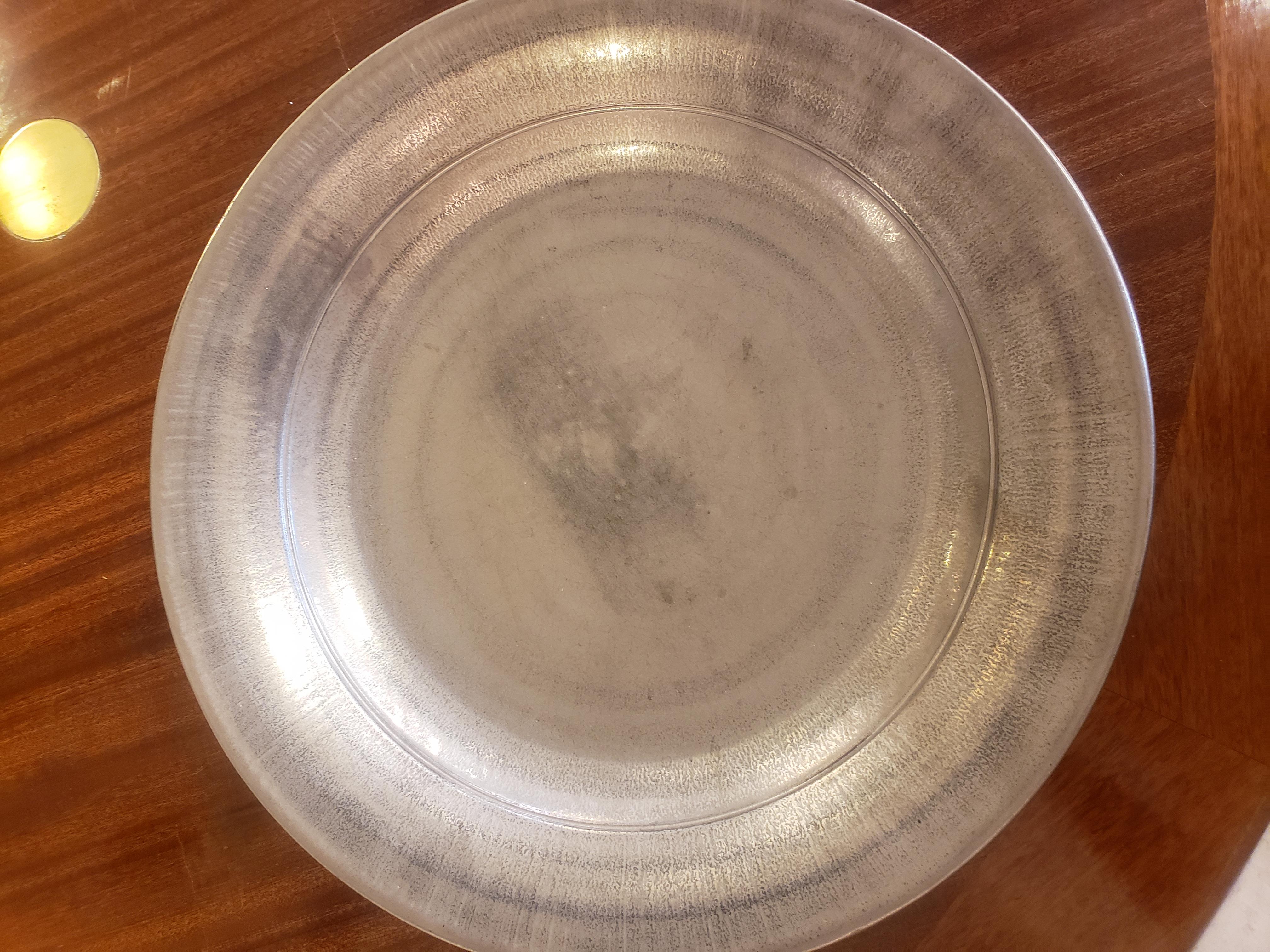 Modern Silvered Porcelain Platter Signed and Dated on Verso