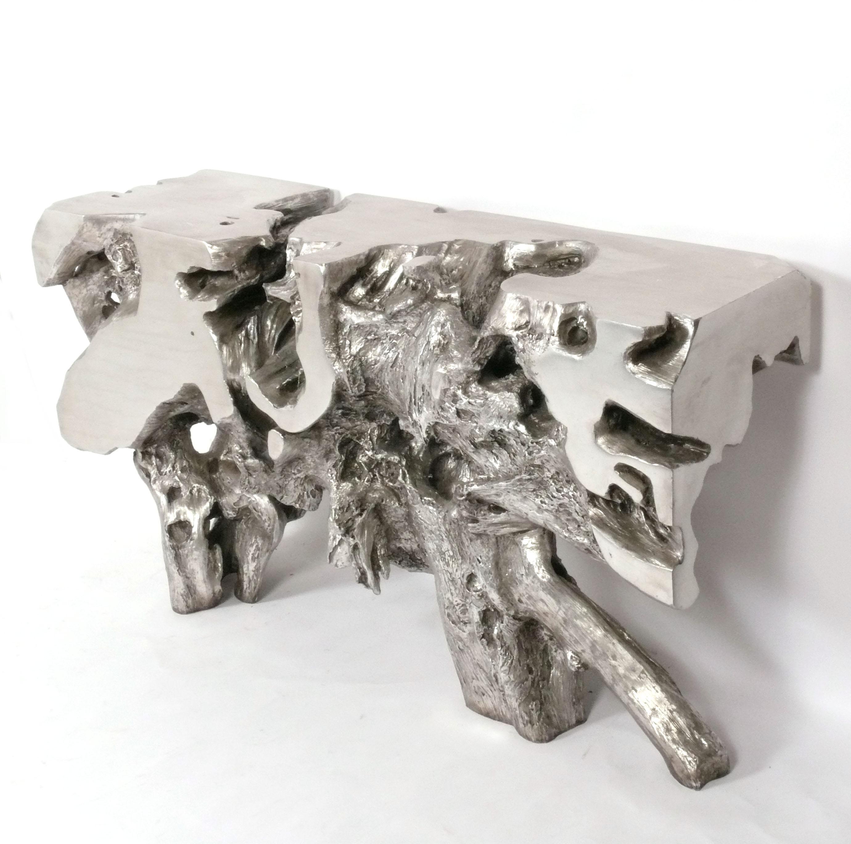 Silvered Resin Root Form Console Table, probably Asian, circa 2000s. It is a versatile size and can be used as a console table, sofa table, or bar. 