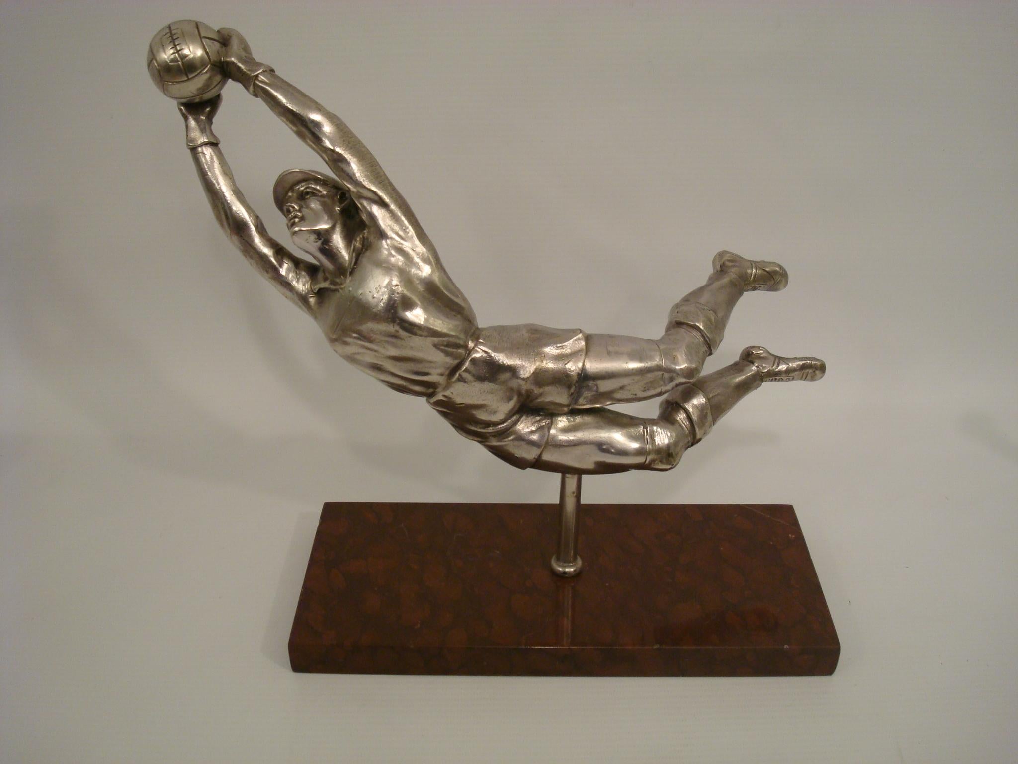 French Silvered Sculture of a Football Player, Soccer Goalkeeper, France, circa 1940 For Sale