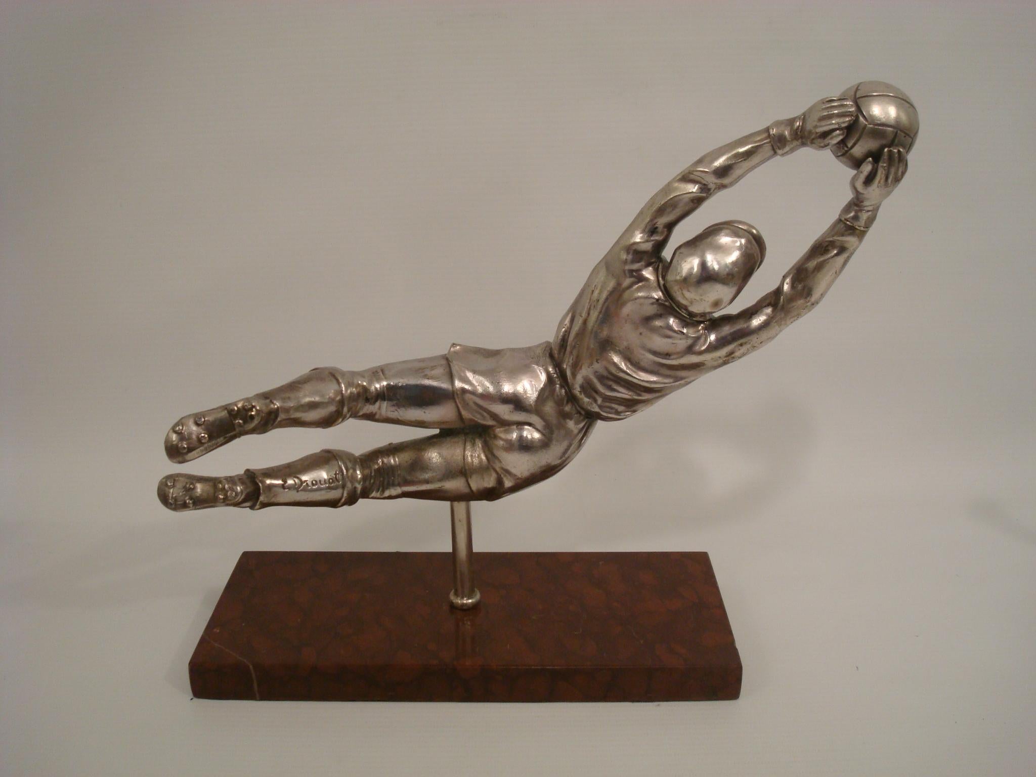 Metal Silvered Sculture of a Football Player, Soccer Goalkeeper, France, circa 1940 For Sale