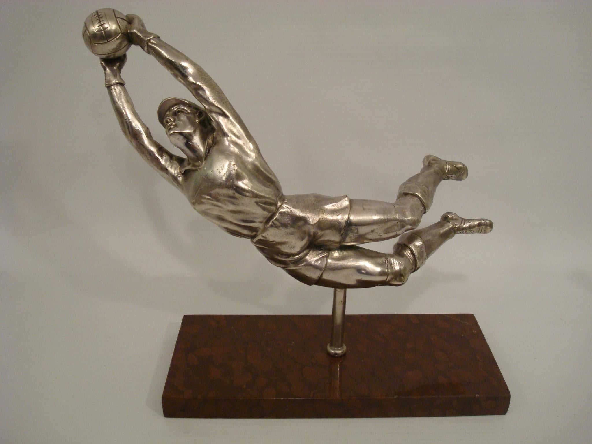 Silvered Sculture of a Football Player, Soccer Goalkeeper, France, circa 1940 For Sale 3