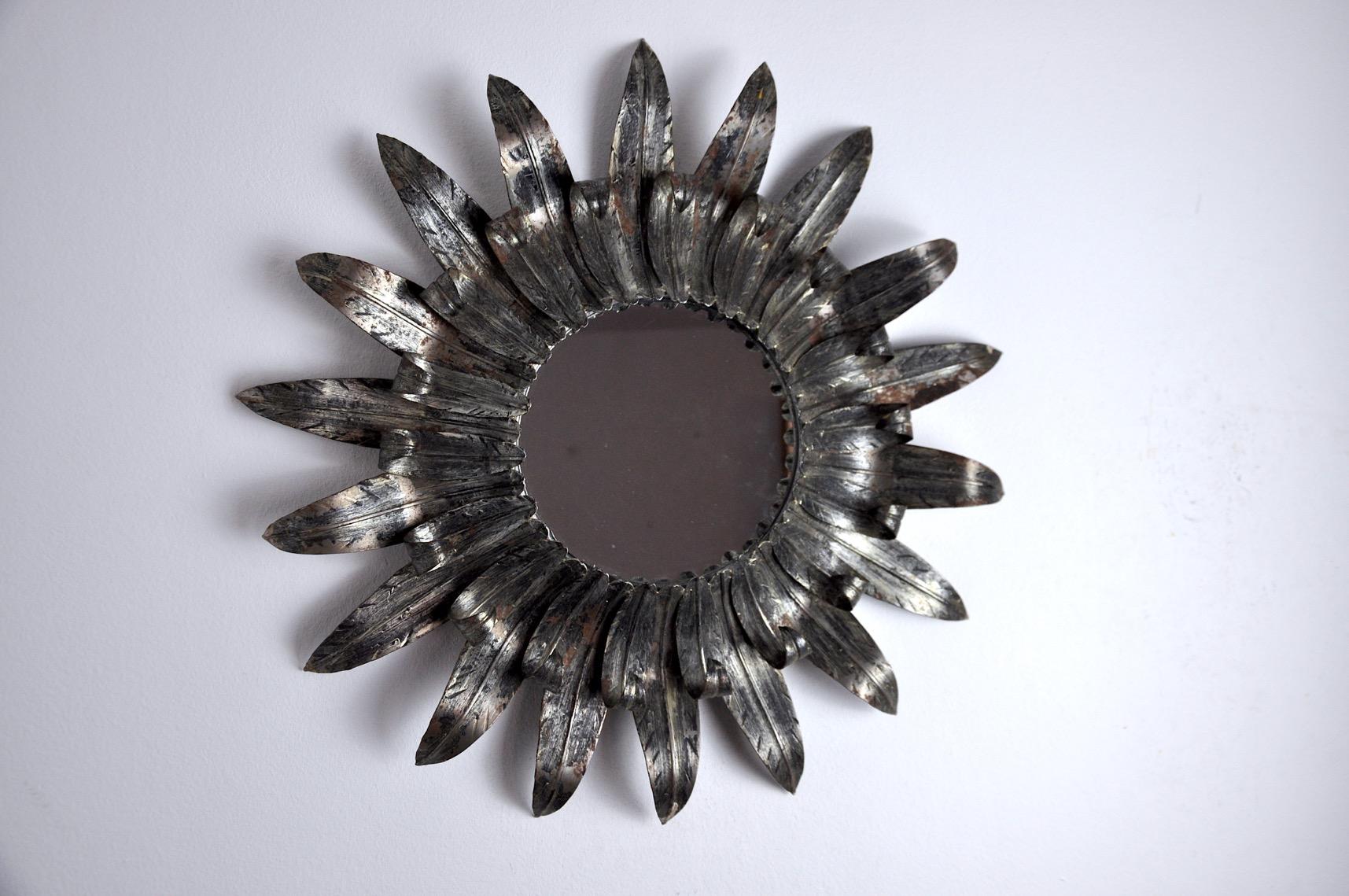 Italian Silvered sun mirror with silver leaf, forge, italy, 1970