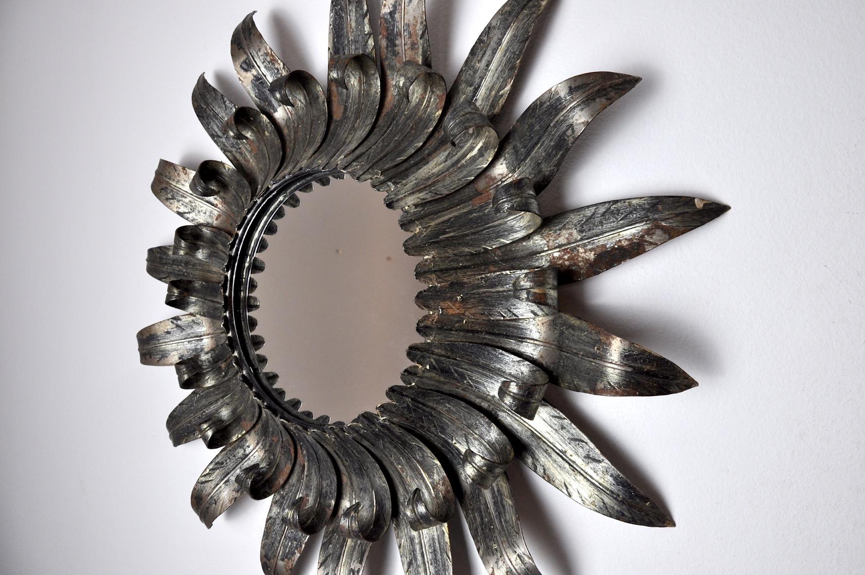 Silvered sun mirror with silver leaf, forge, italy, 1970 In Good Condition In BARCELONA, ES