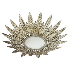 Silvered Sunburst Light Fixture in Metal, 1950s