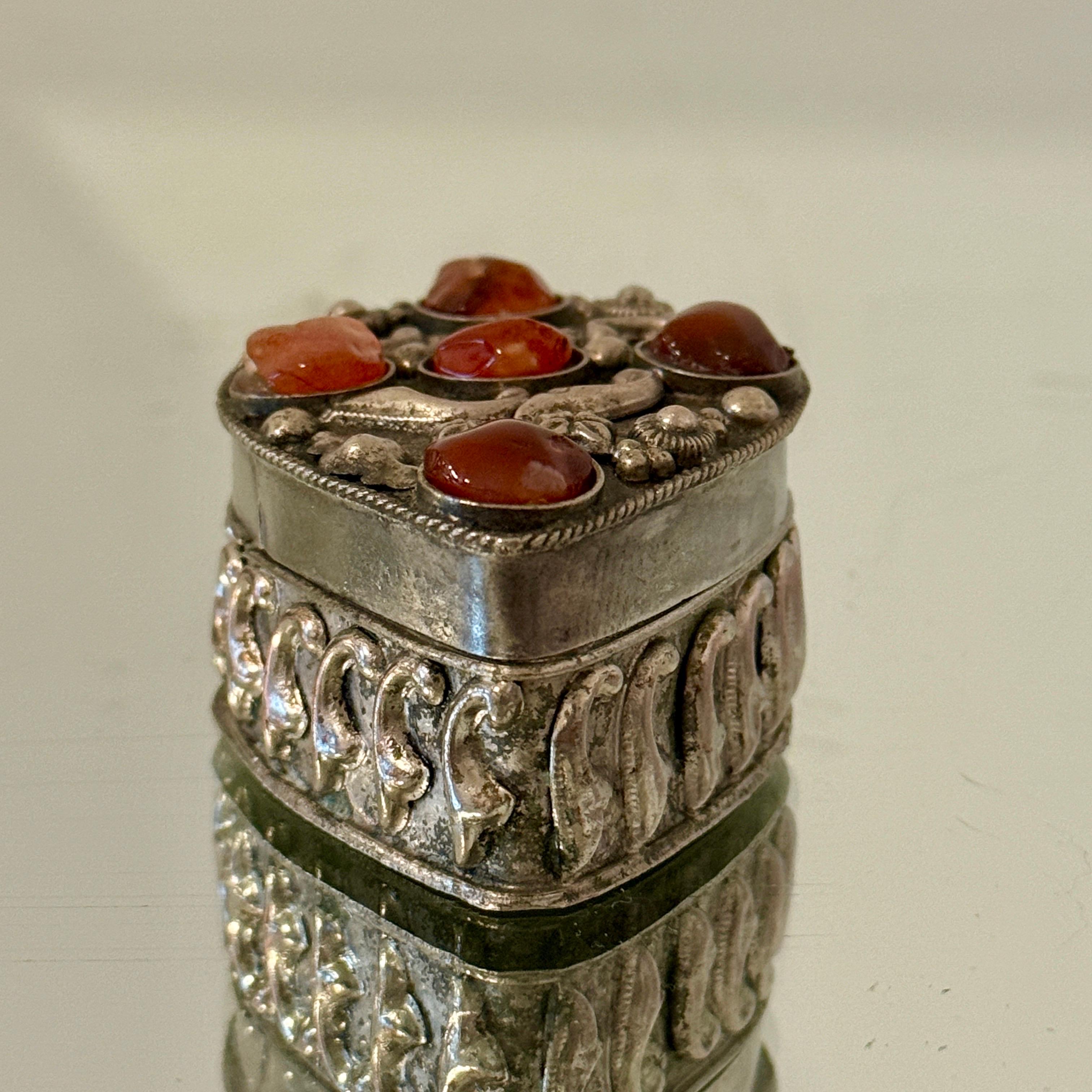 Moorish Silvered Trinket Box with Inlays of Semi-Precious Stones, c. 1970's For Sale